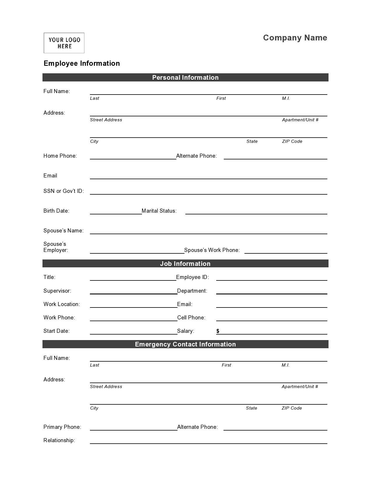 Free personal information form 25