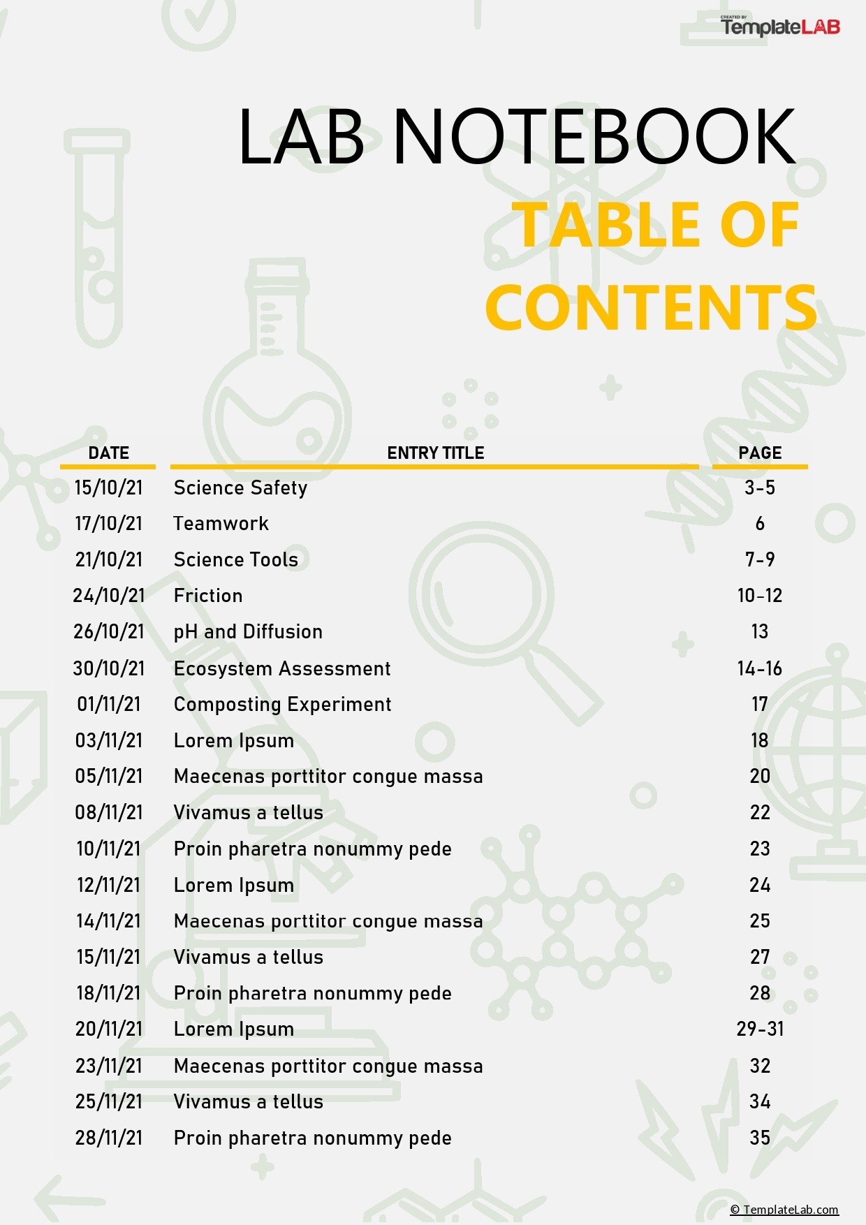Free Lab Notebook Table of Contents