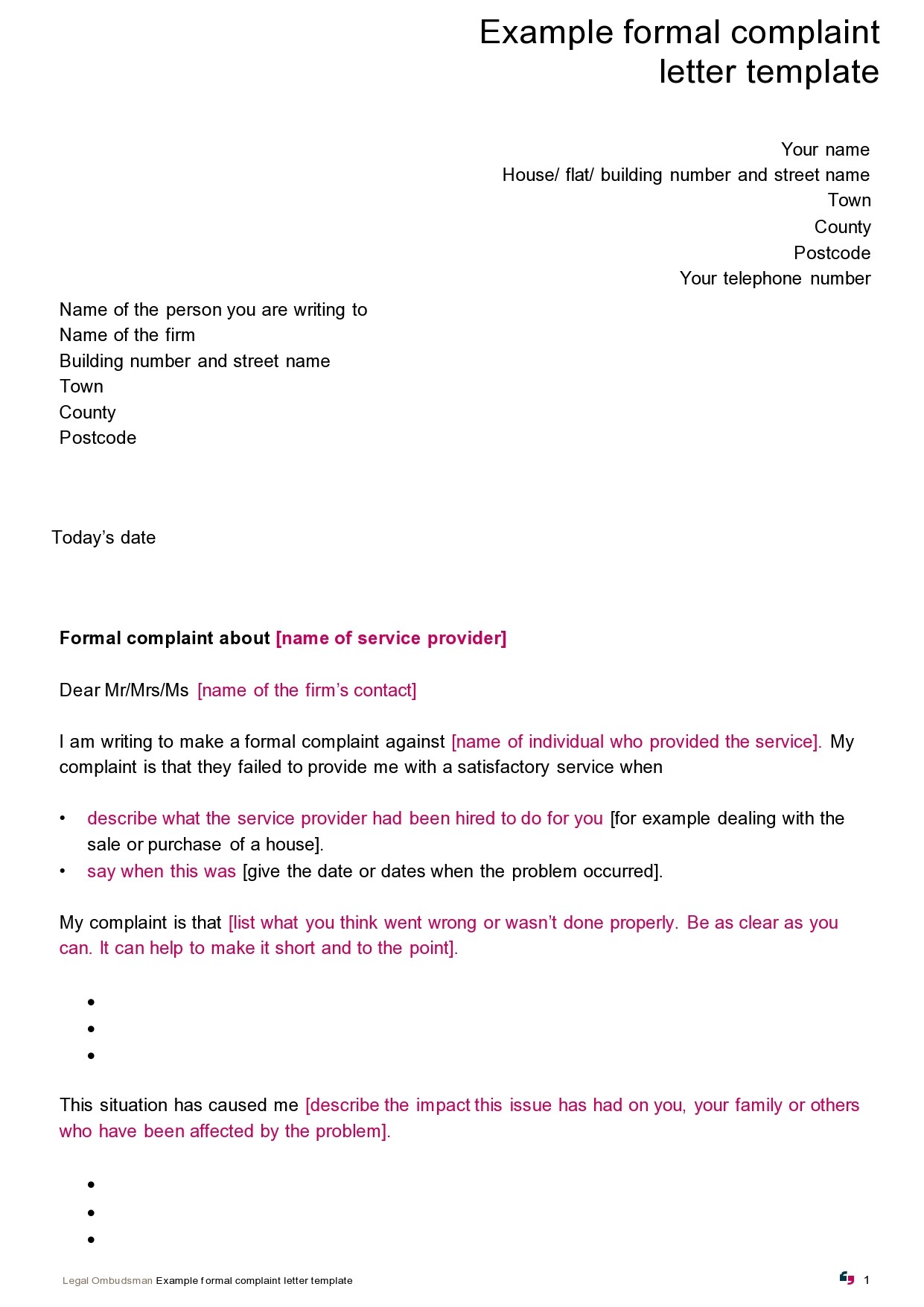 formal complaint letter format sample