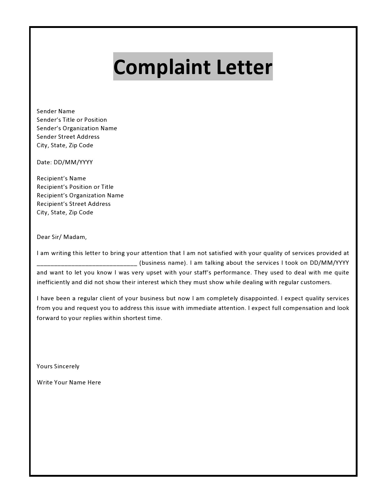 Free complaint letter template 16