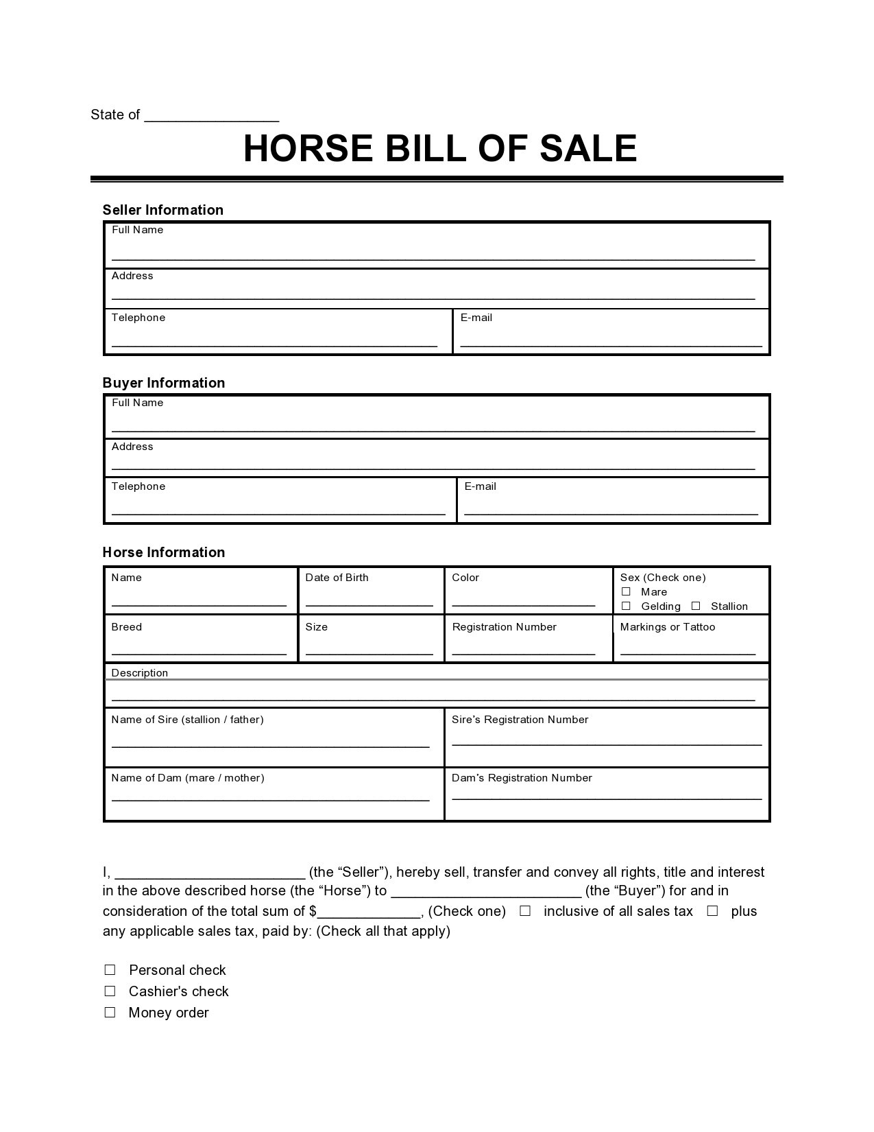 Printable Horse Bill Of Sale Printable Form Templates And Letter