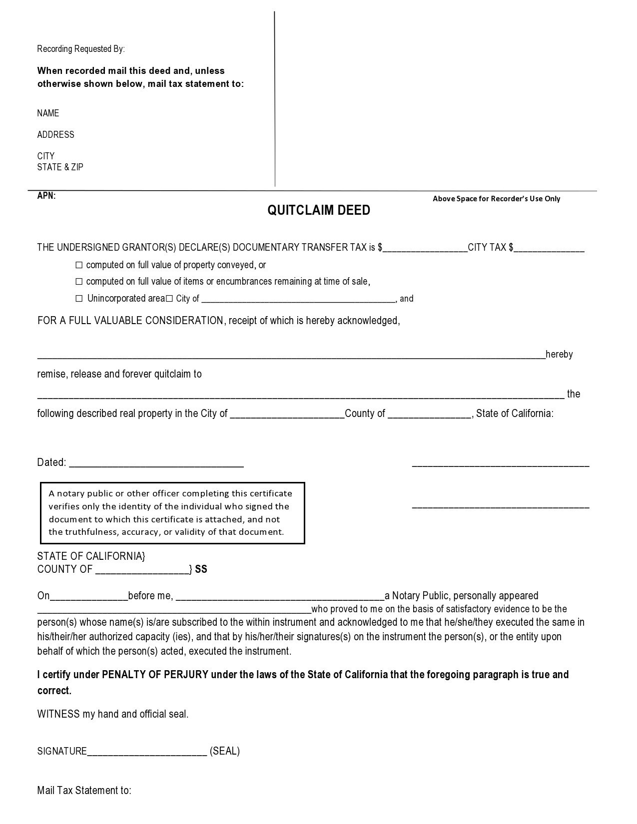 Free quit claim deed form 30