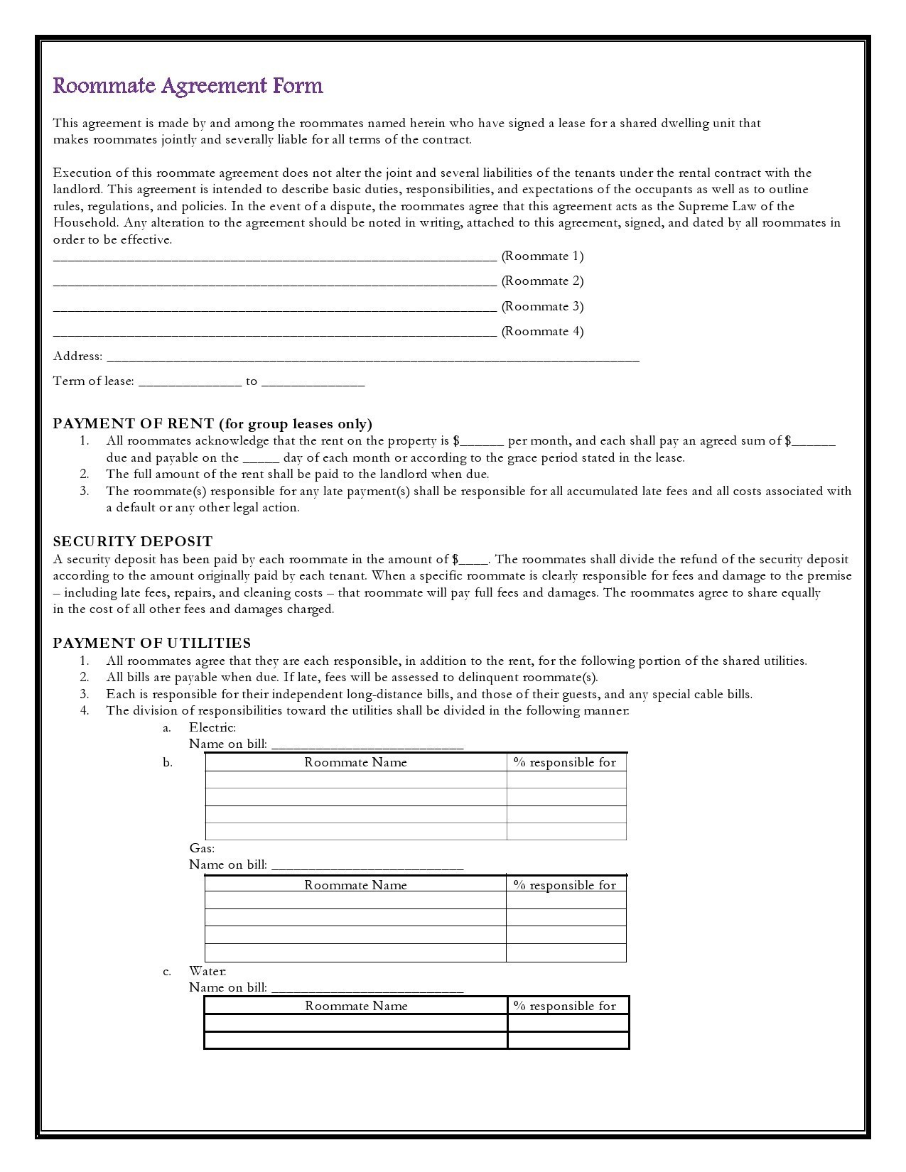 Free roommate agreement template 12