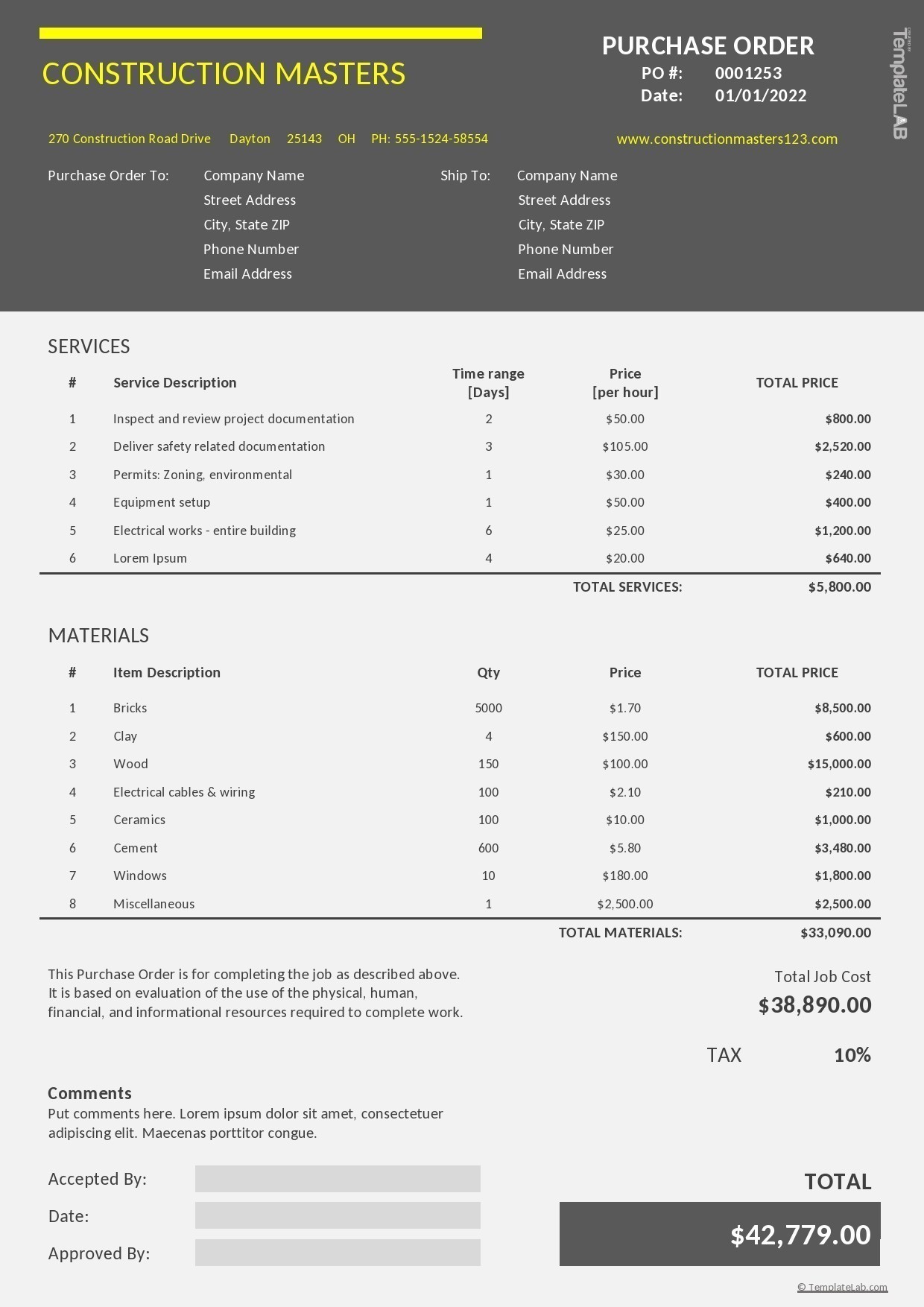 Free Construction Purchase Order Template