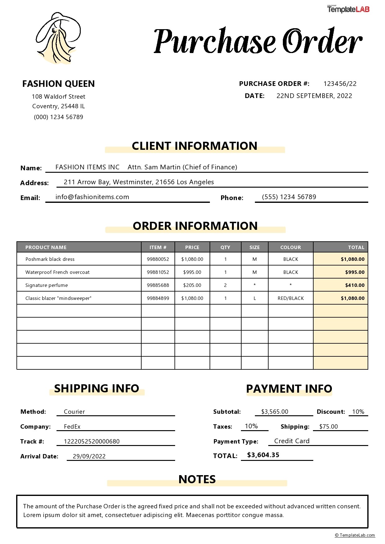 Free Fashion Purchase Order Template