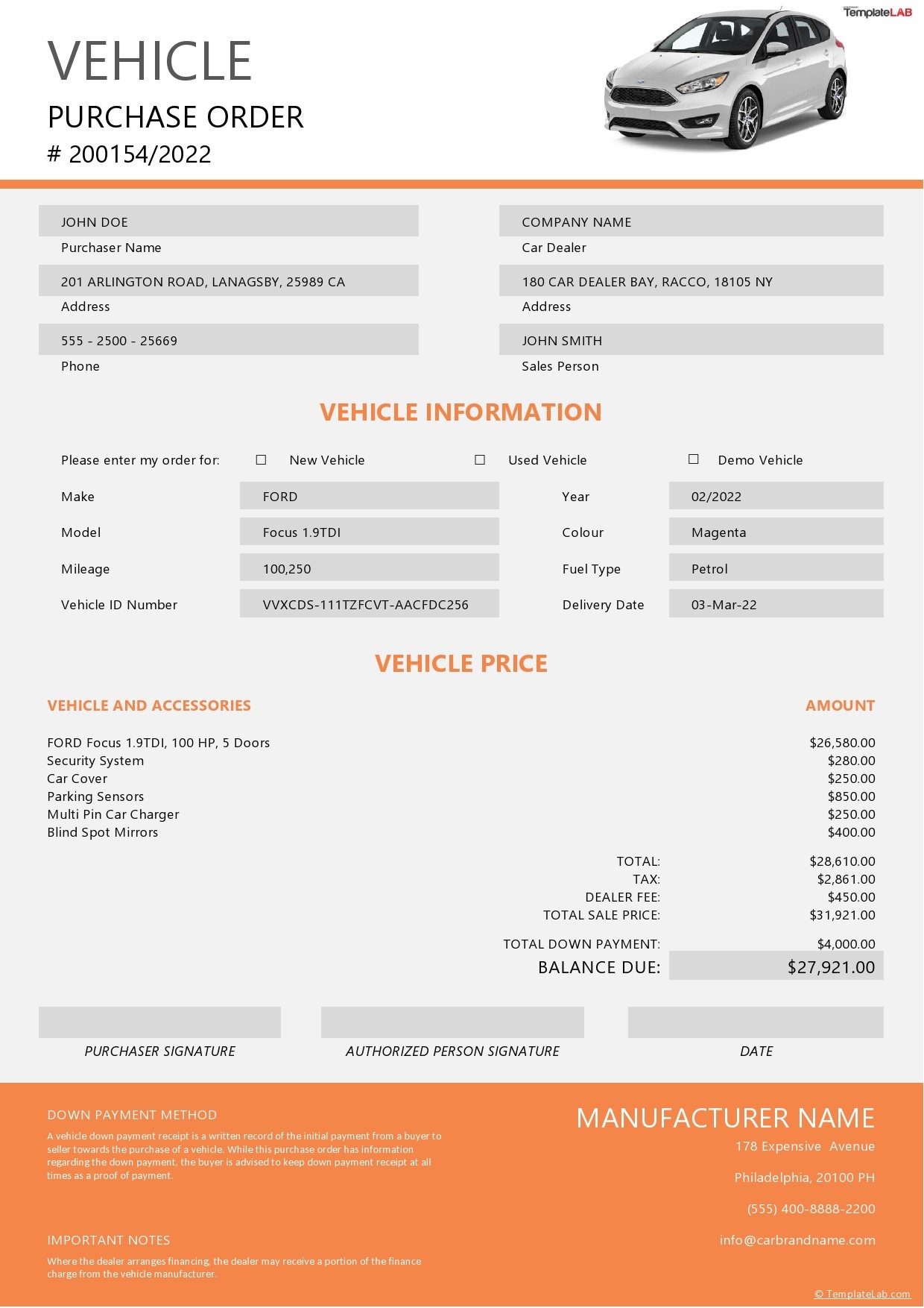 Free Vehicle Purchase Order Template