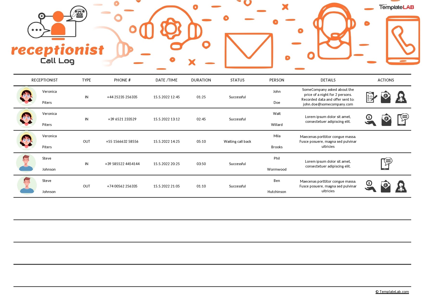 Free Receptionist Call Log Template