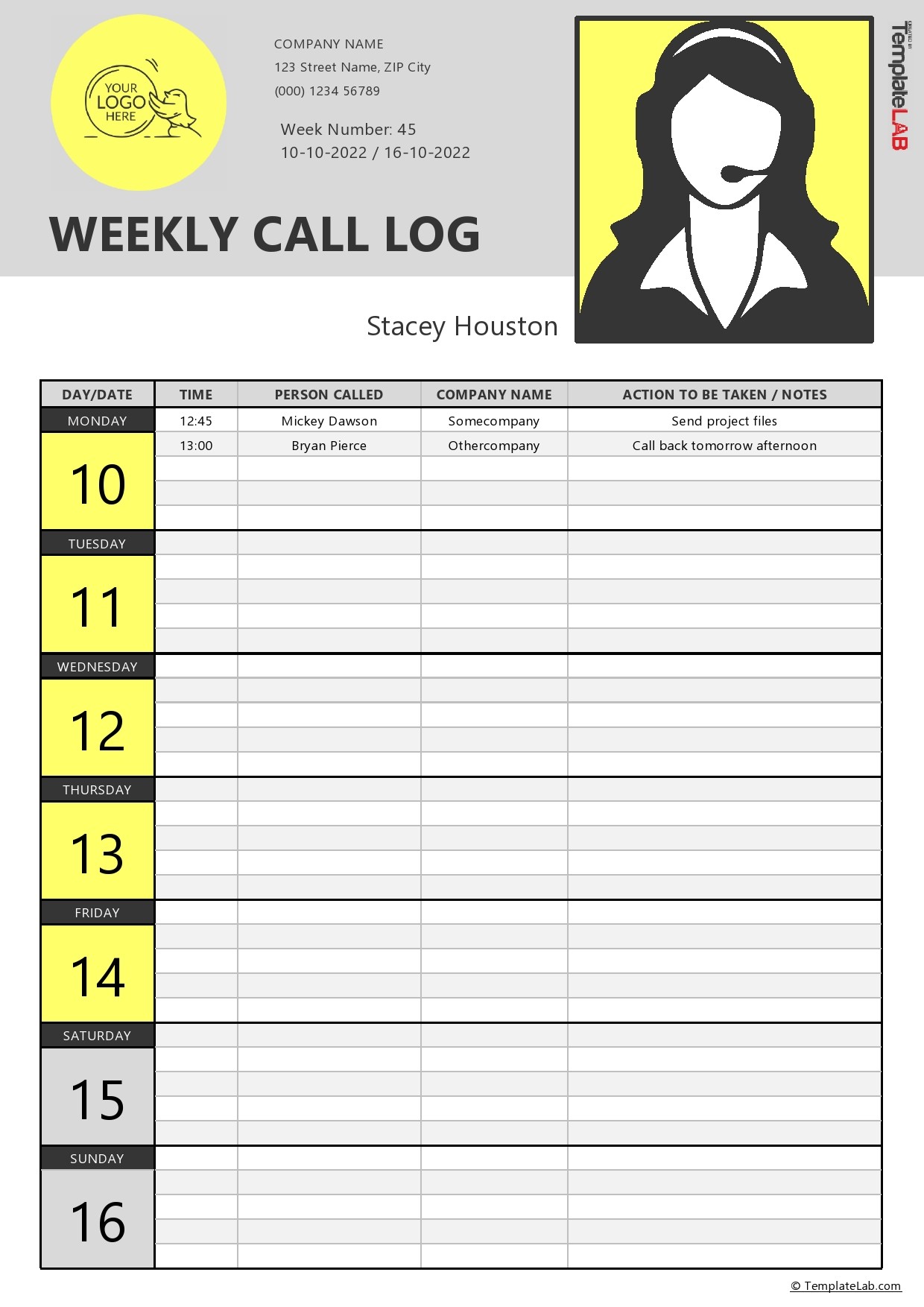 Free Weekly Call Log Template
