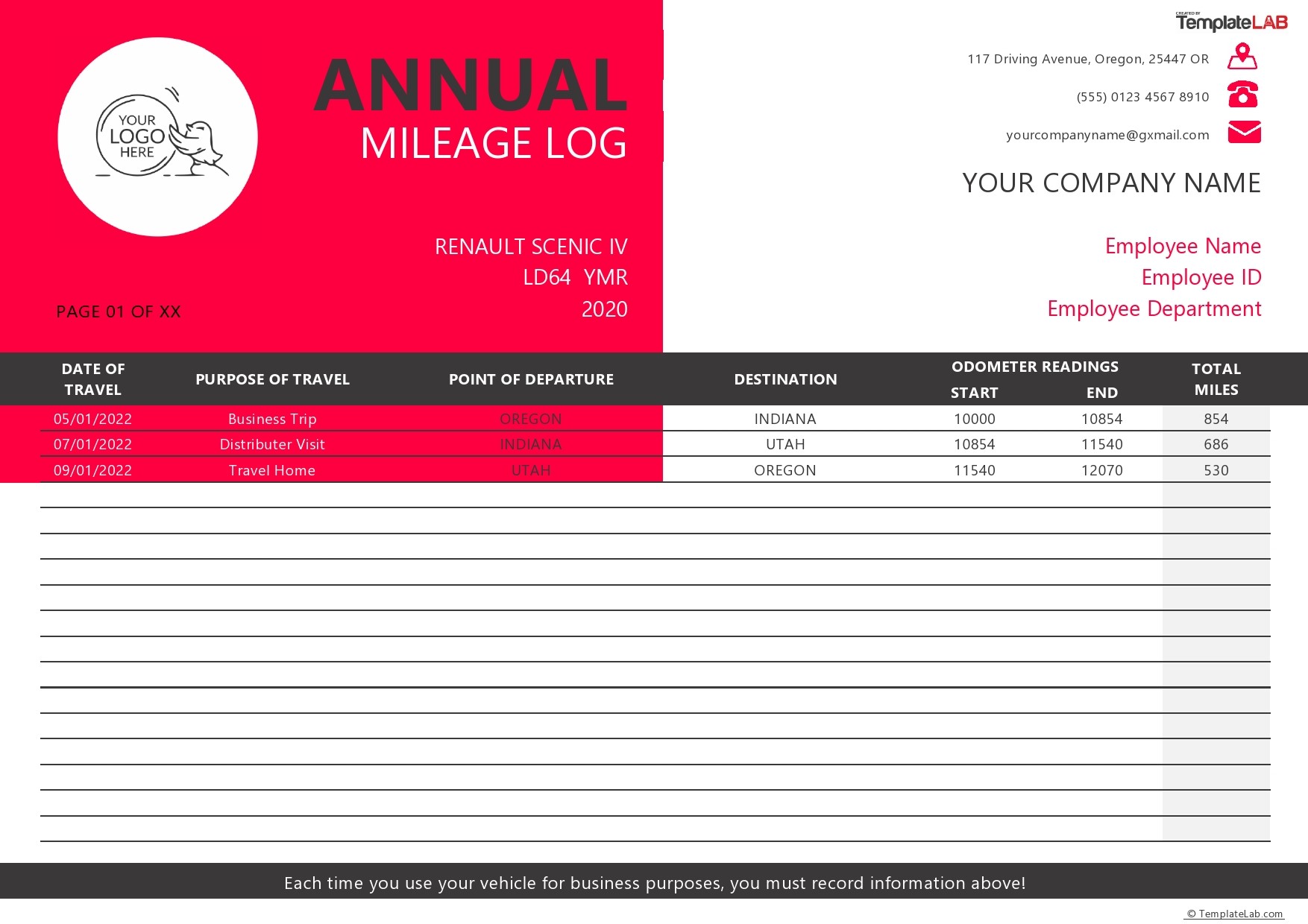 Free Annual Mileage Log