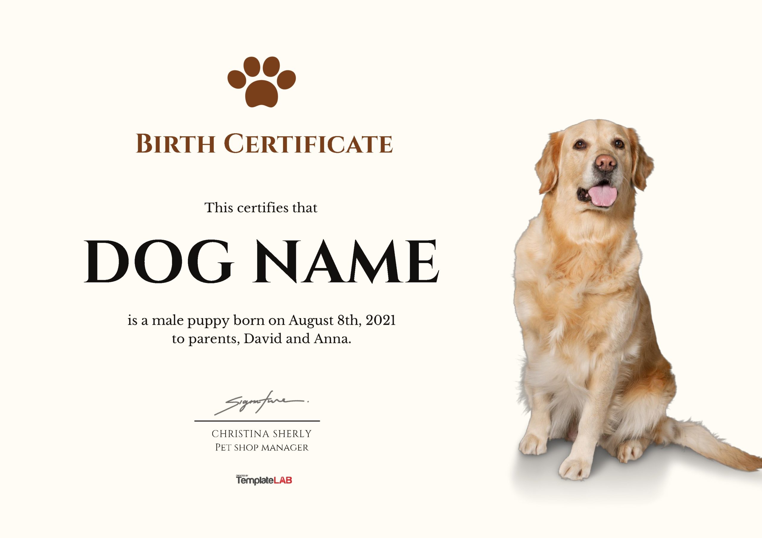 Plantilla de certificado de nacimiento de perro gratis