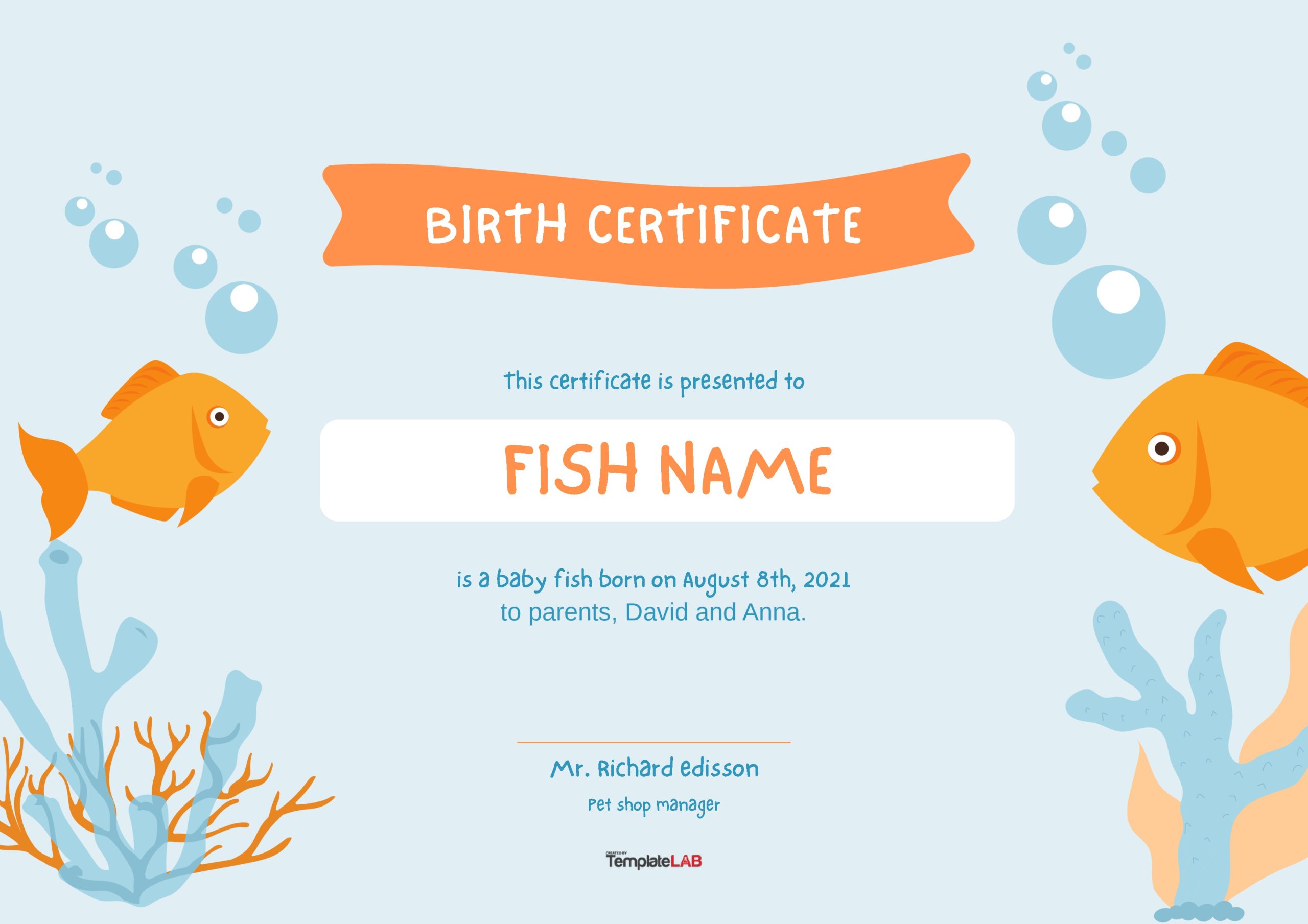 Plantilla de certificado de nacimiento de pez gratis