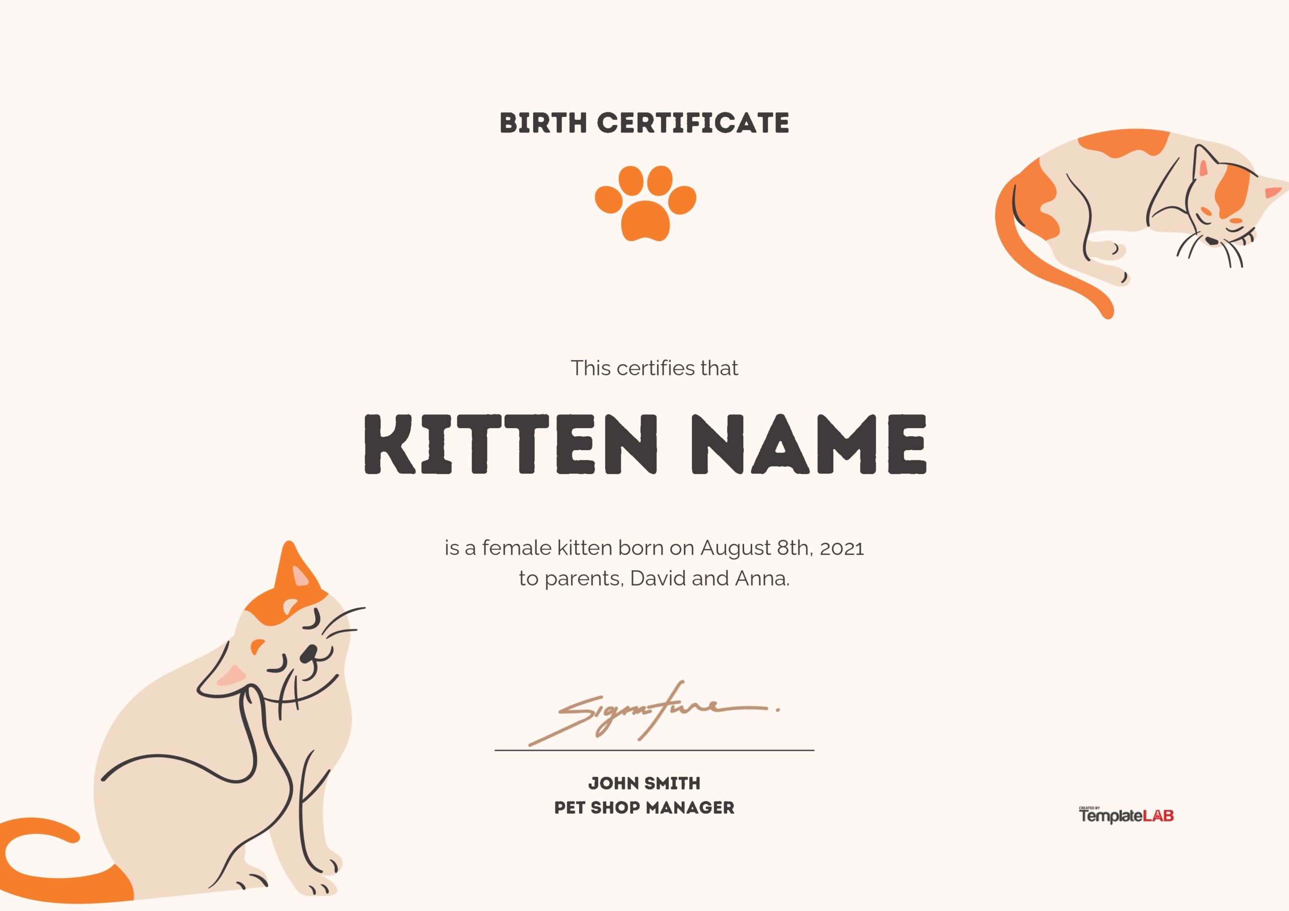 Free Kitten Birth Certificate Template