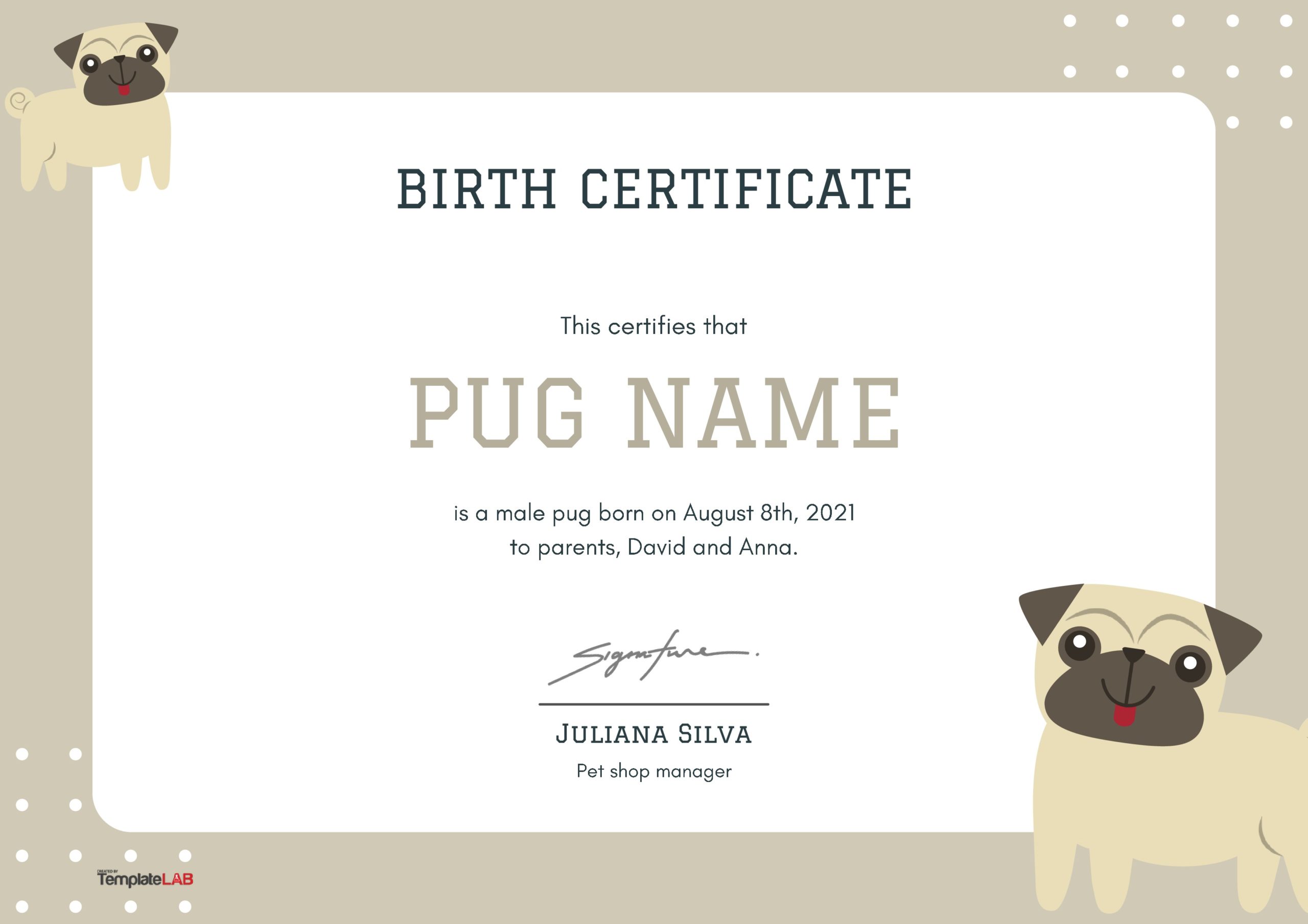 Plantilla de certificado de nacimiento de pug gratis