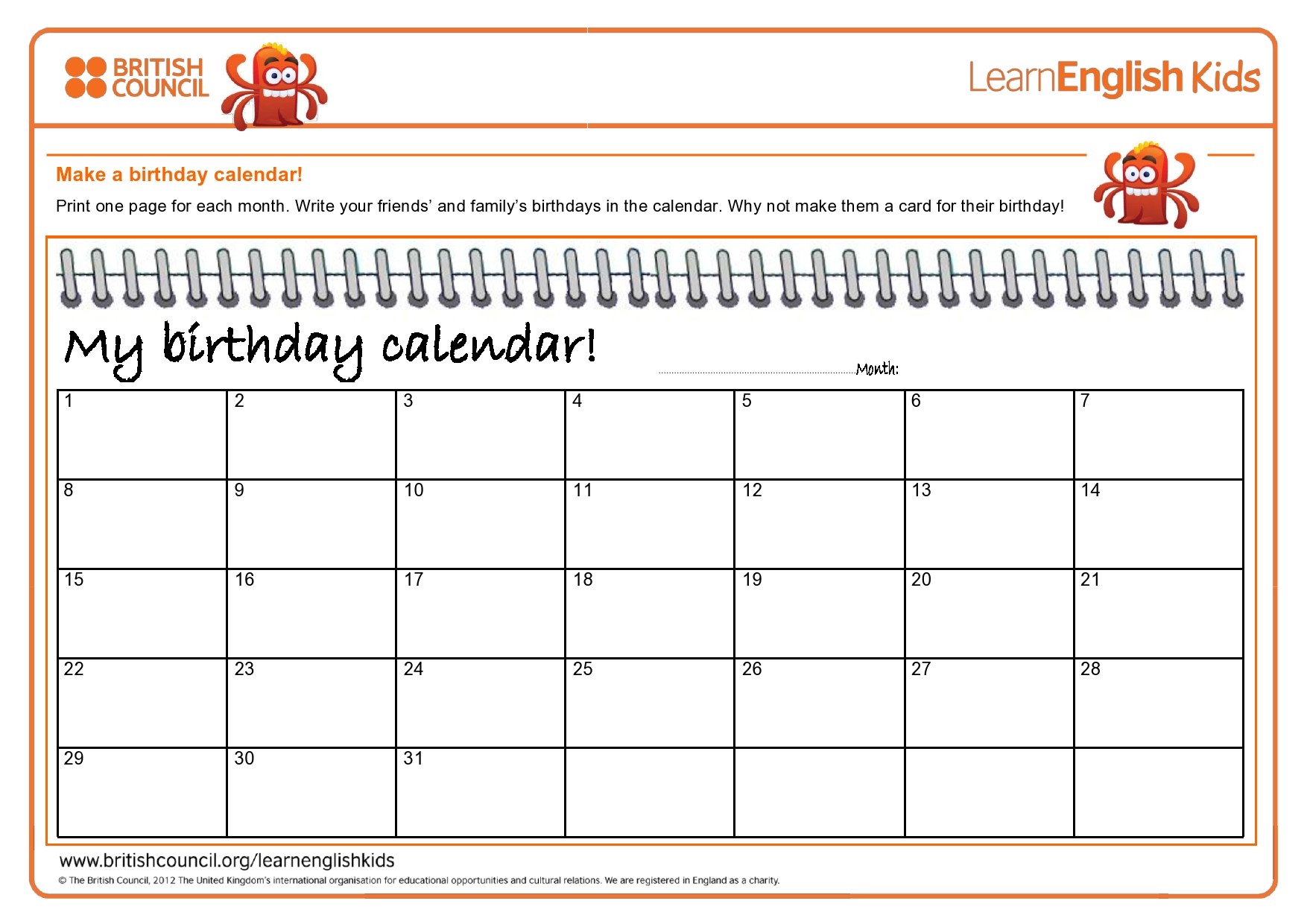 Free birthday calendar template 40