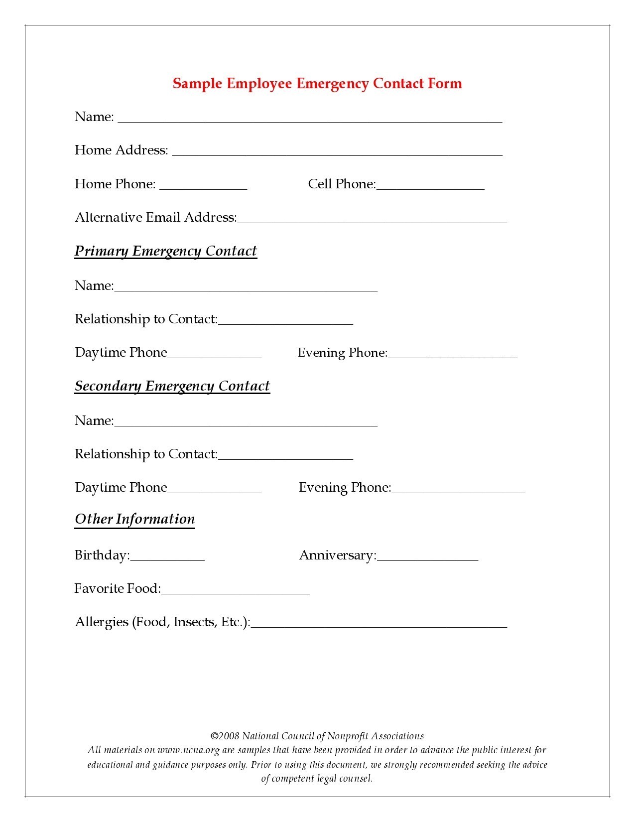 Free Employee Emergency Contact Form Pdf Word Eforms Free Employee 