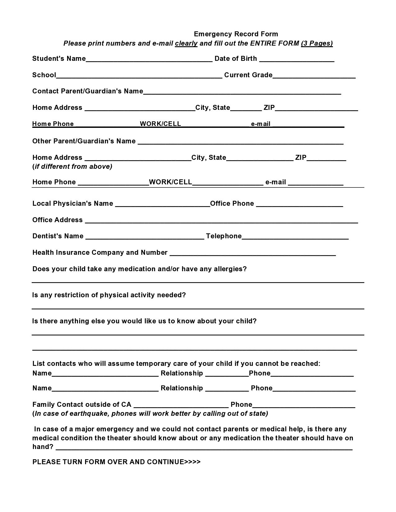 Free emergency contact form 07