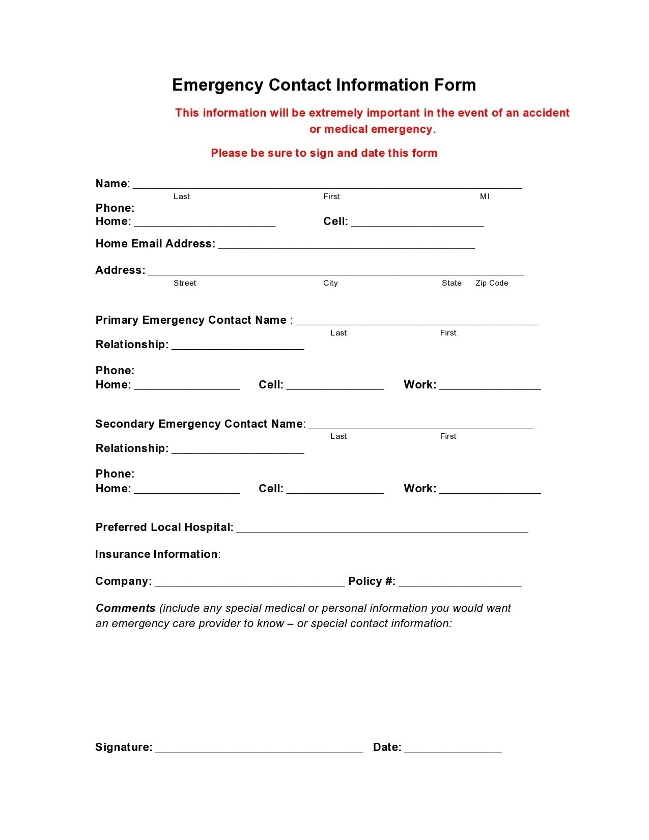 Free emergency contact form 18