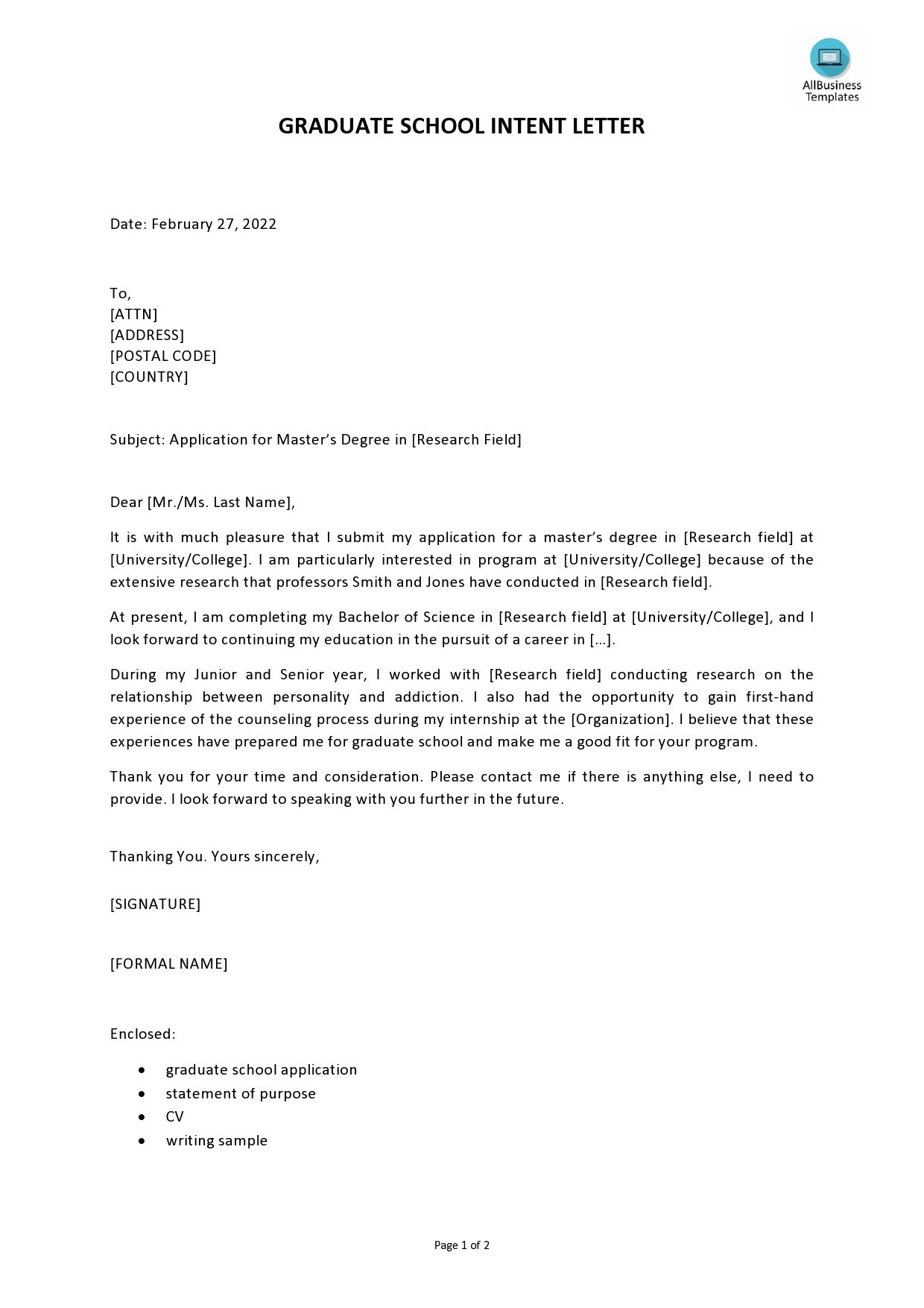 Free letter of intent for graduate school 05