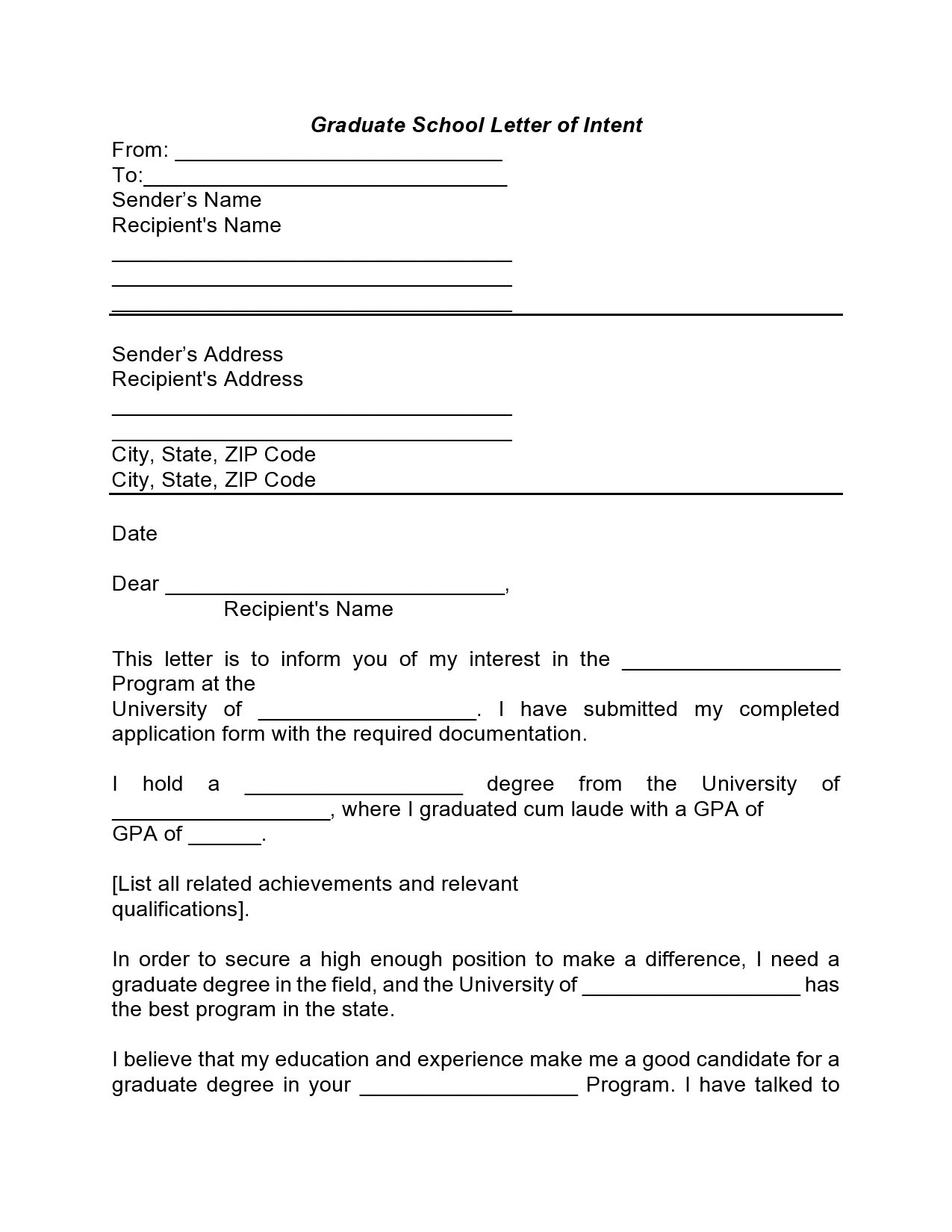 Free letter of intent for graduate school 10