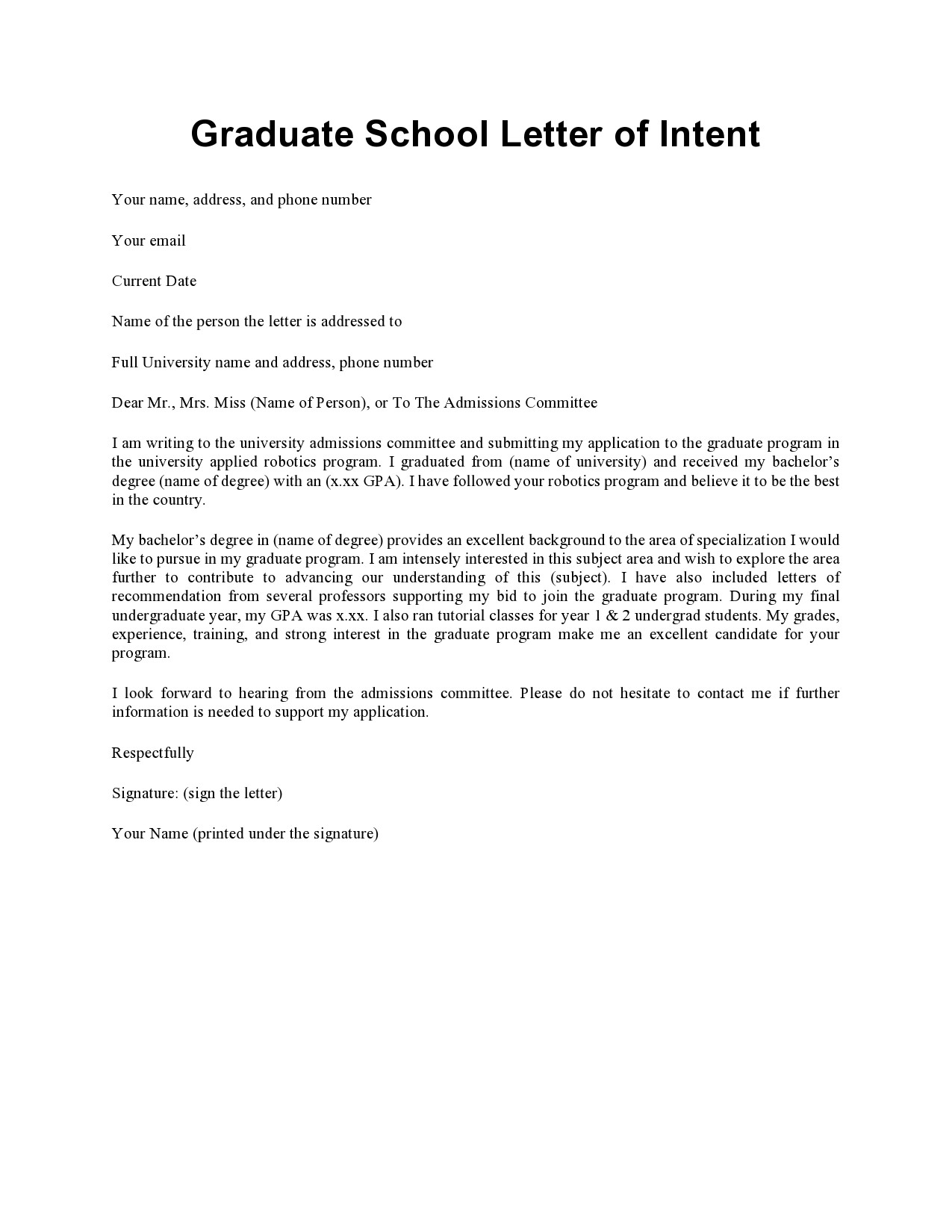 Free letter of intent for graduate school 11