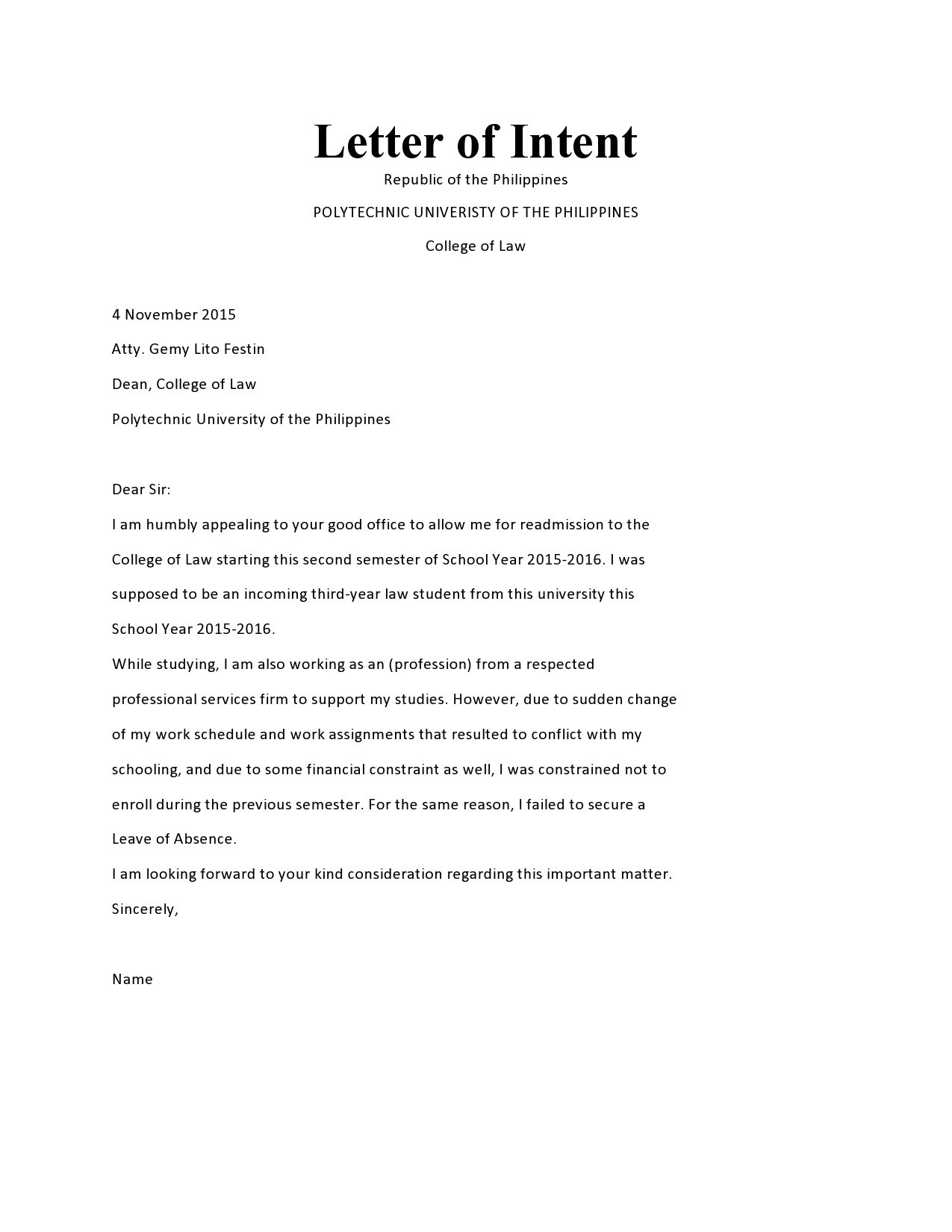 sample letter of intent for graduate program