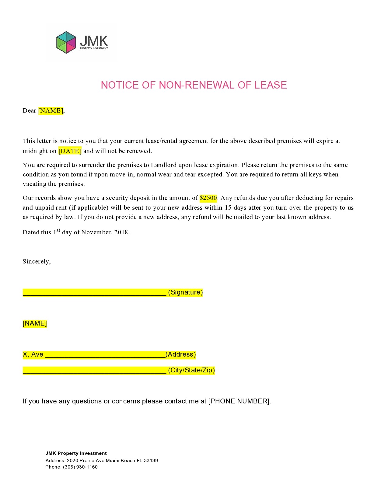 Free not renewing lease letter 15