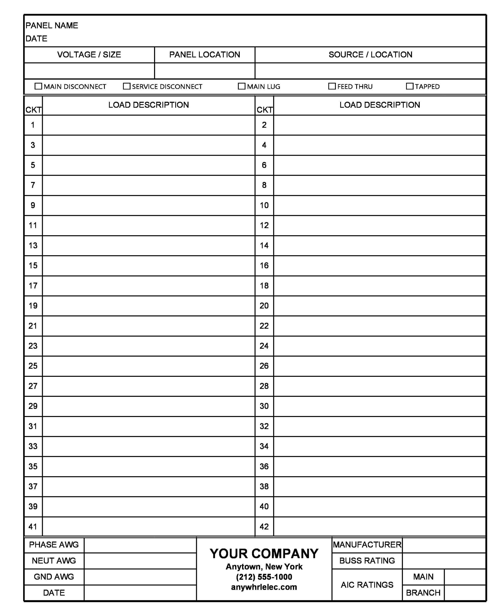 Printable Electrical Panel Schedule Template Excel Available By Word Excell Pdf And 