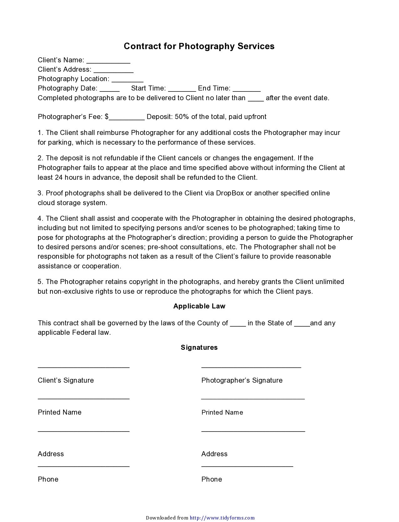 Free photography contract template 01