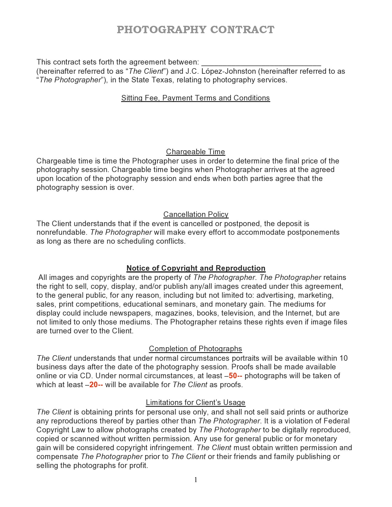 Free photography contract template 06