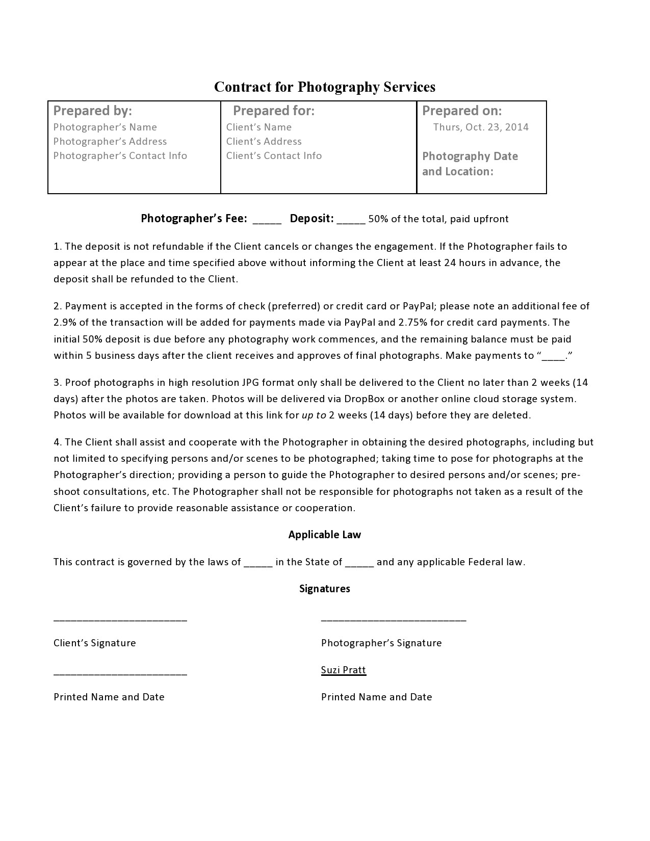 Free photography contract template 13