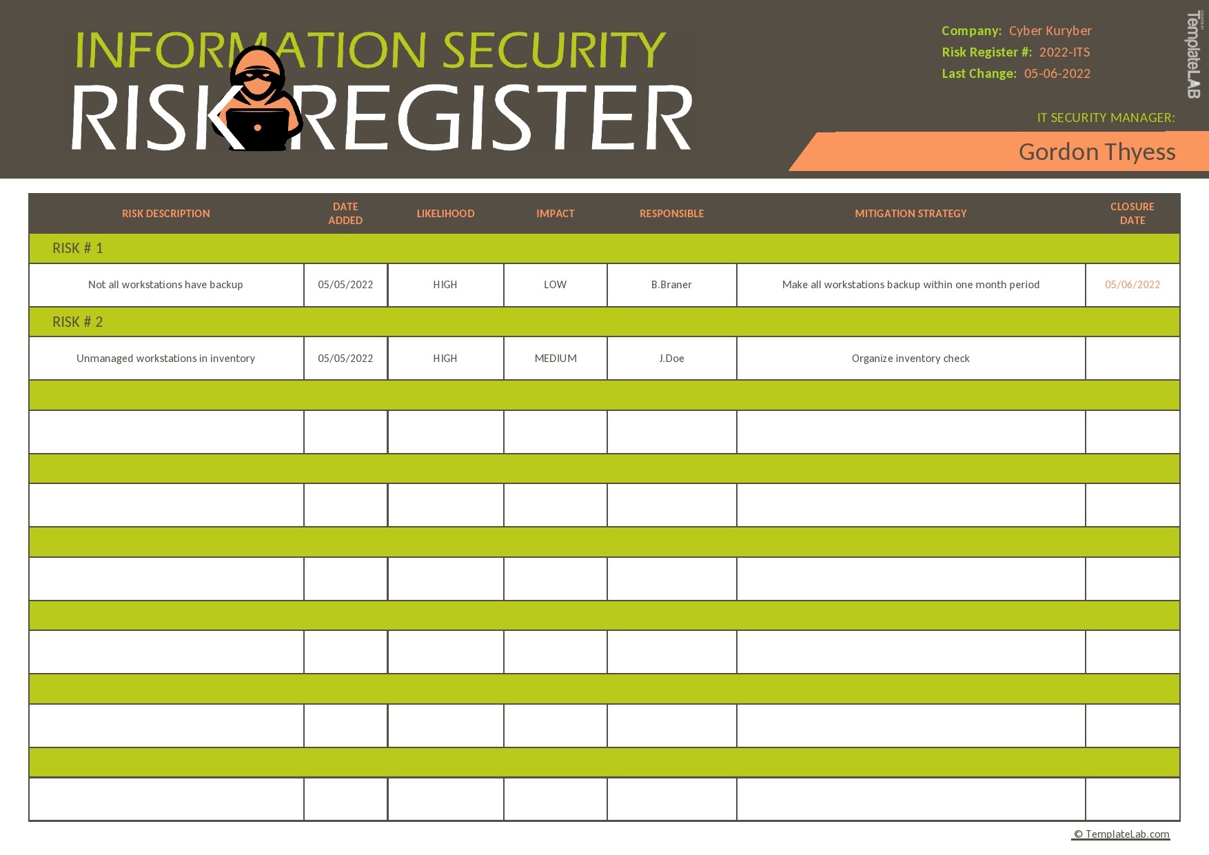 Free Information Security Risk Register Template - TemplateLab.com