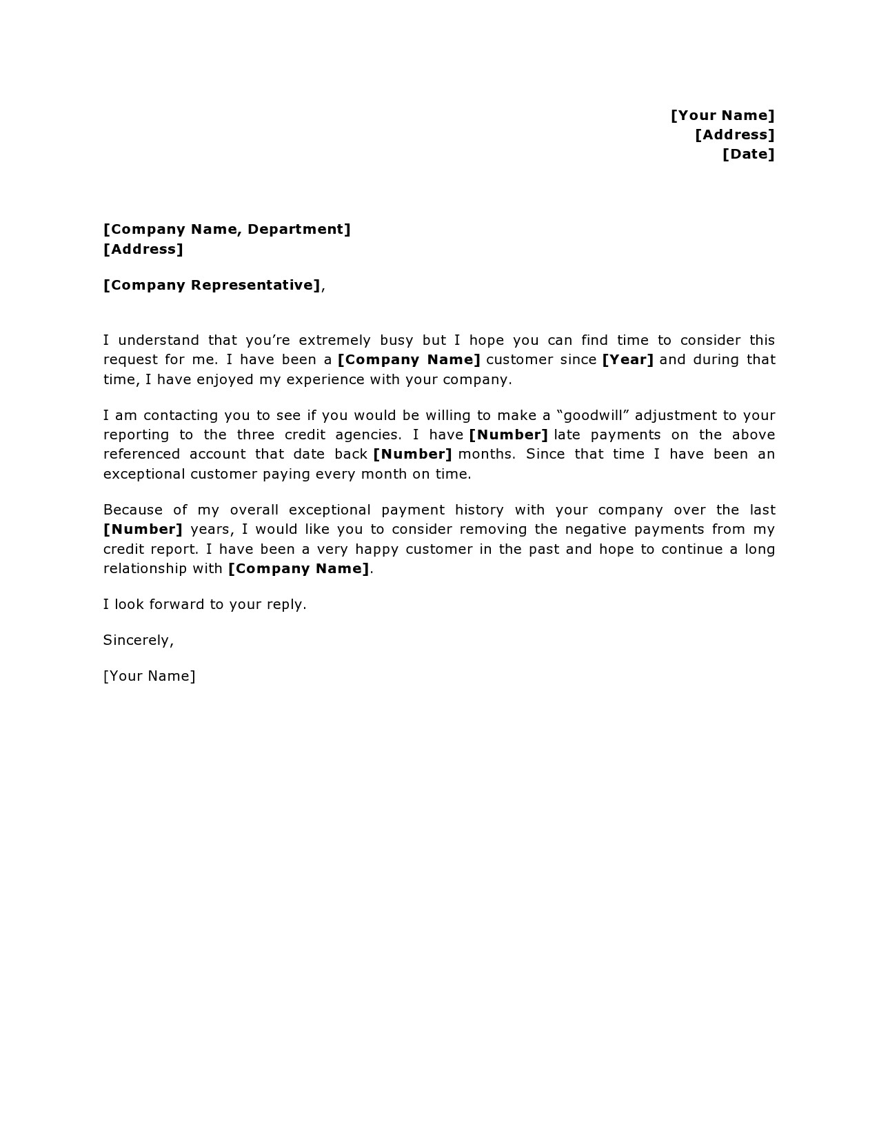 Late Payment Removal Letter Template