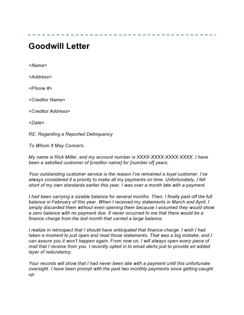 Goodwill Letter To Creditor Template