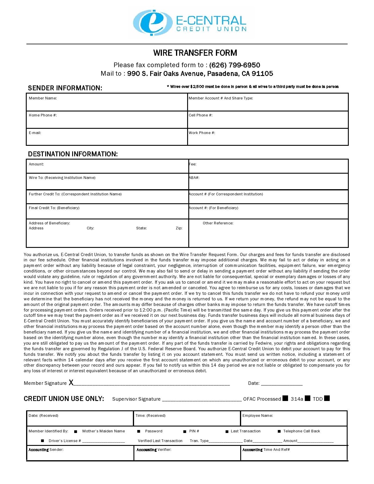 Free wire transfer form 25