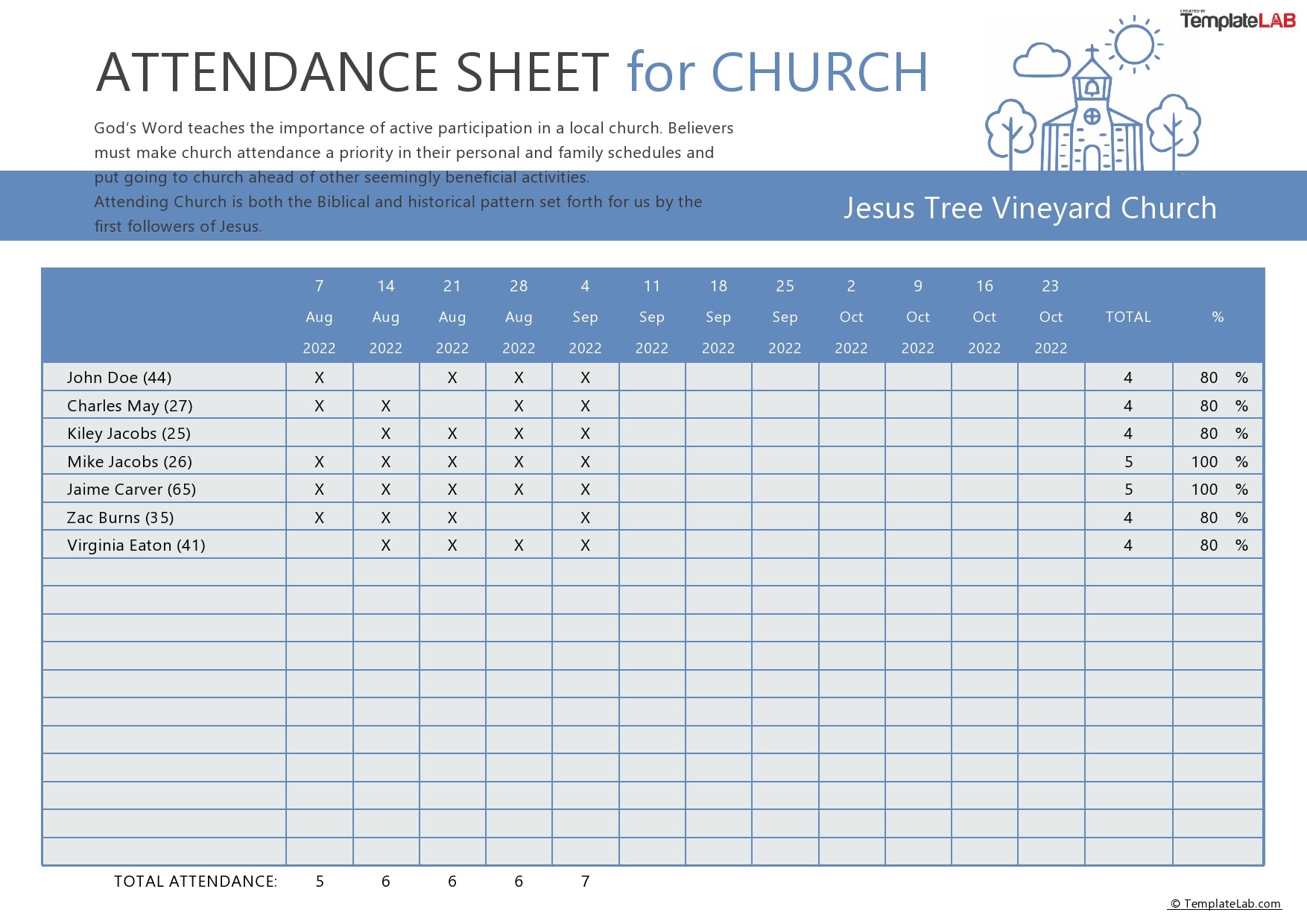 Free Attendance Sheet for Church Template