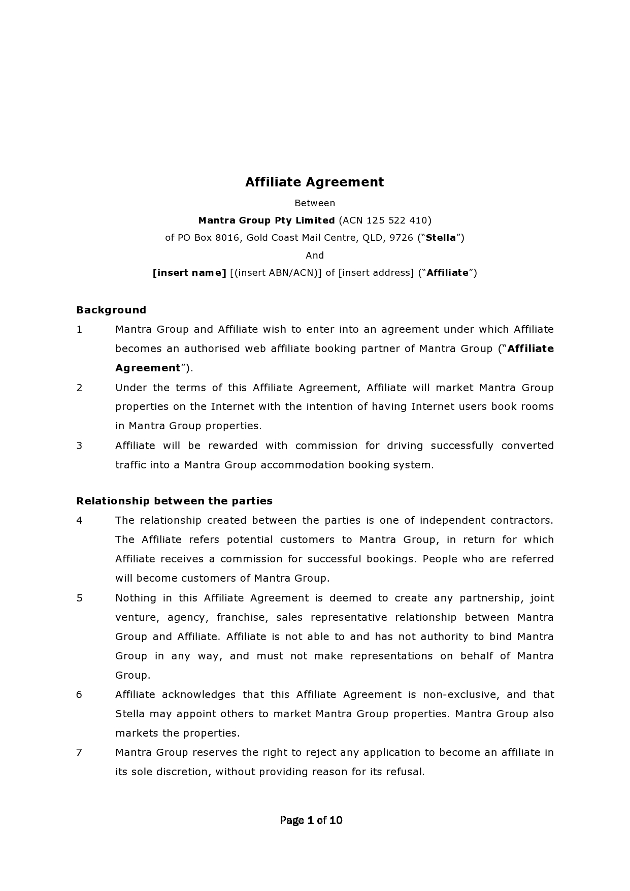 Free affiliate agreement 30