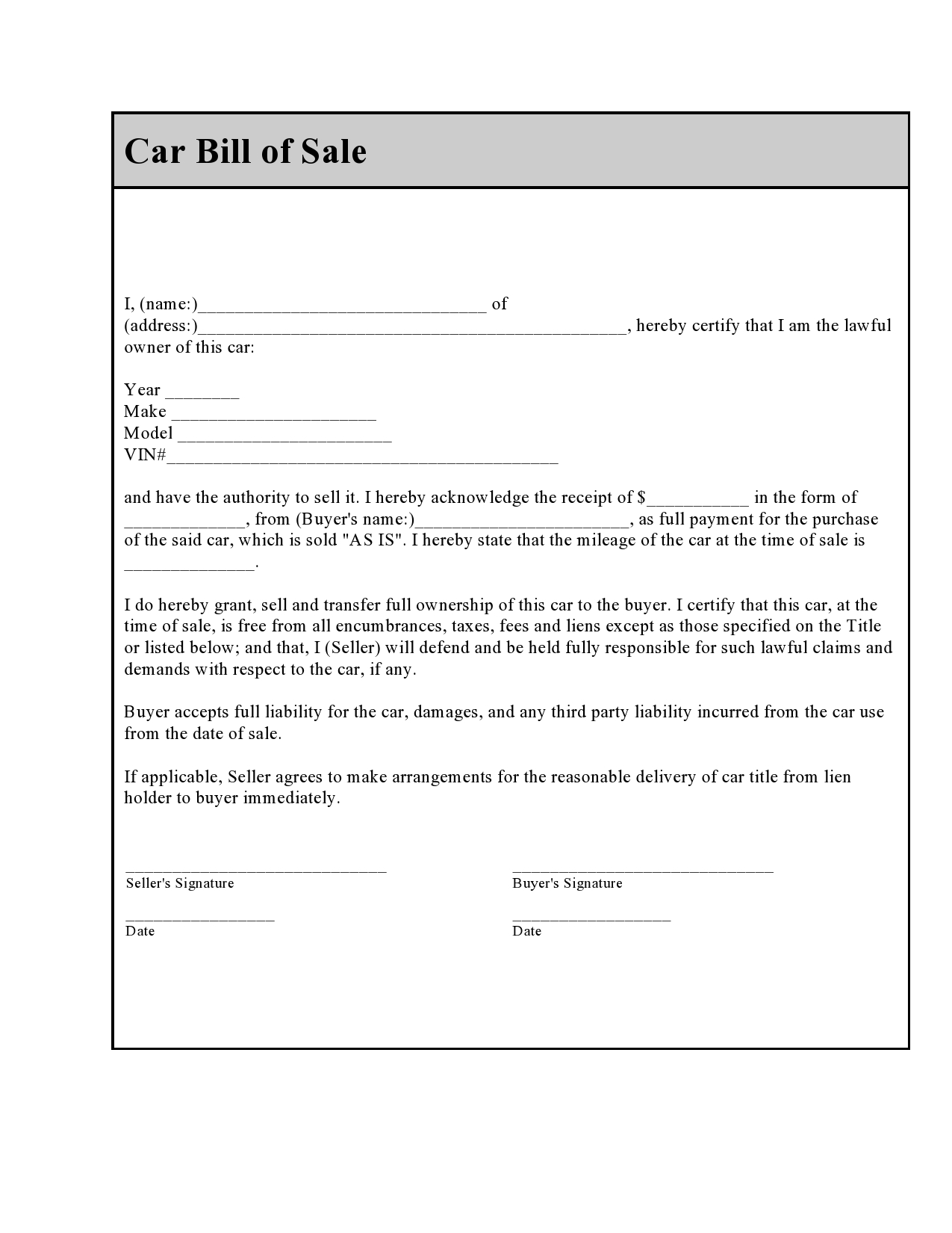 Free bill of sale for car 24