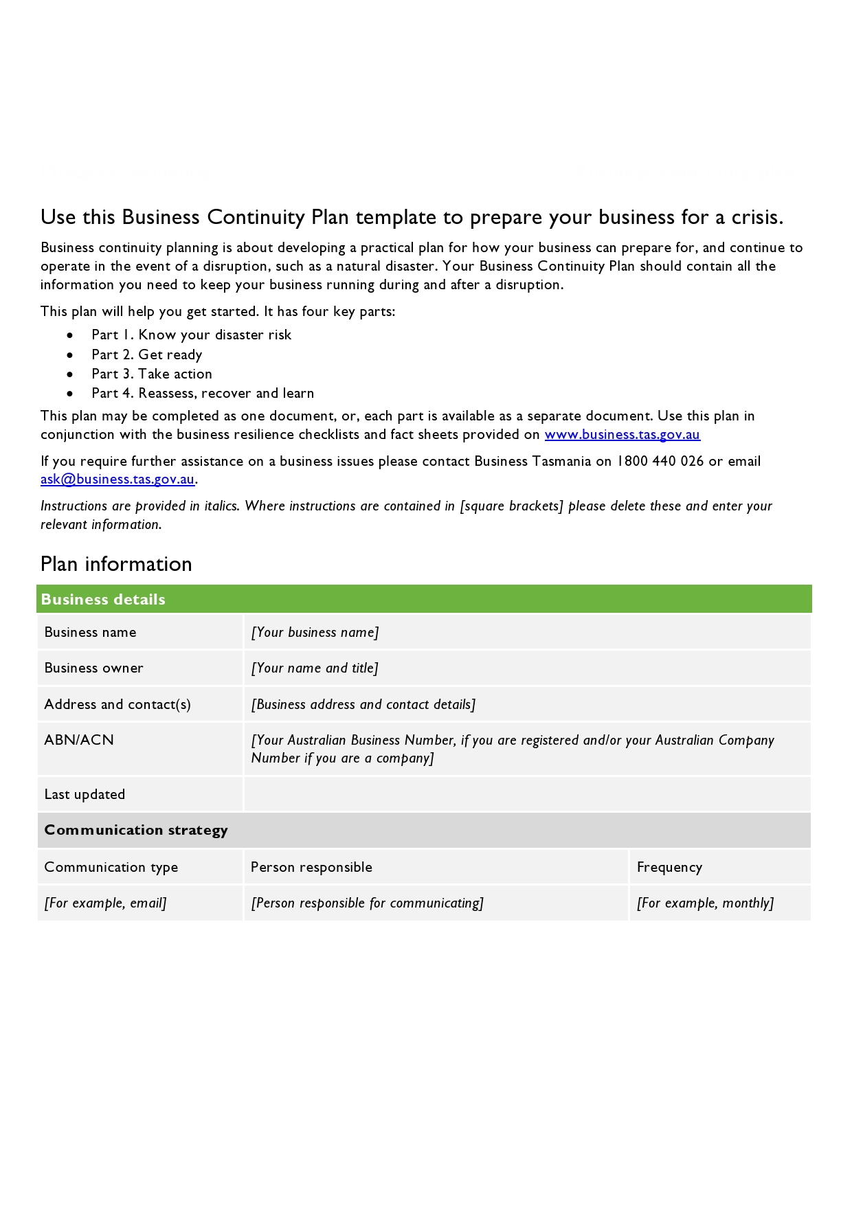 Free business continuity plan template 13