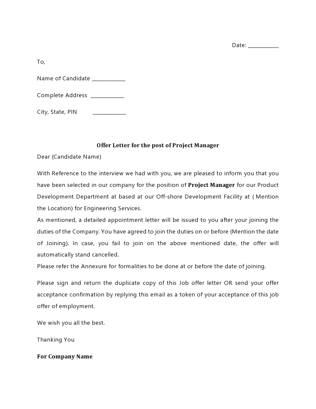 Free employment offer letter template 10