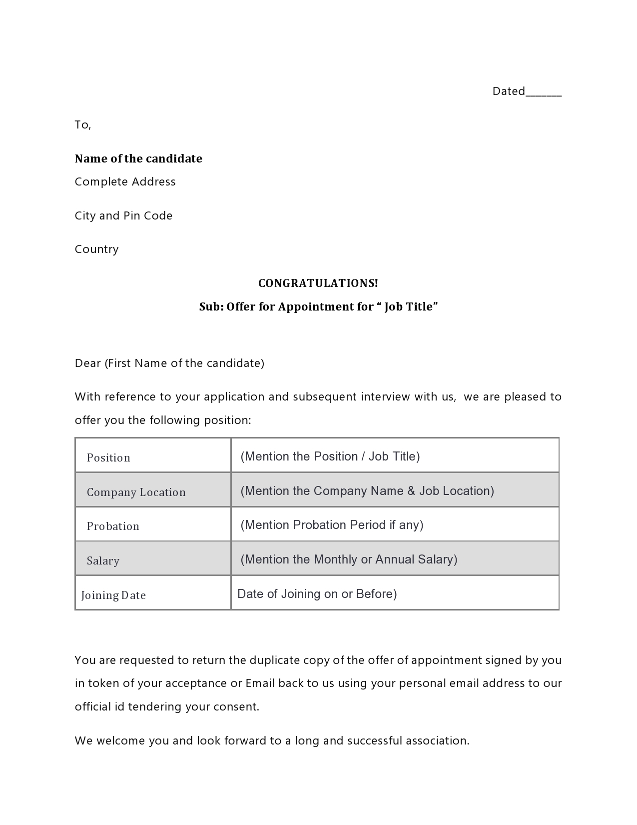 Free employment offer letter template 11