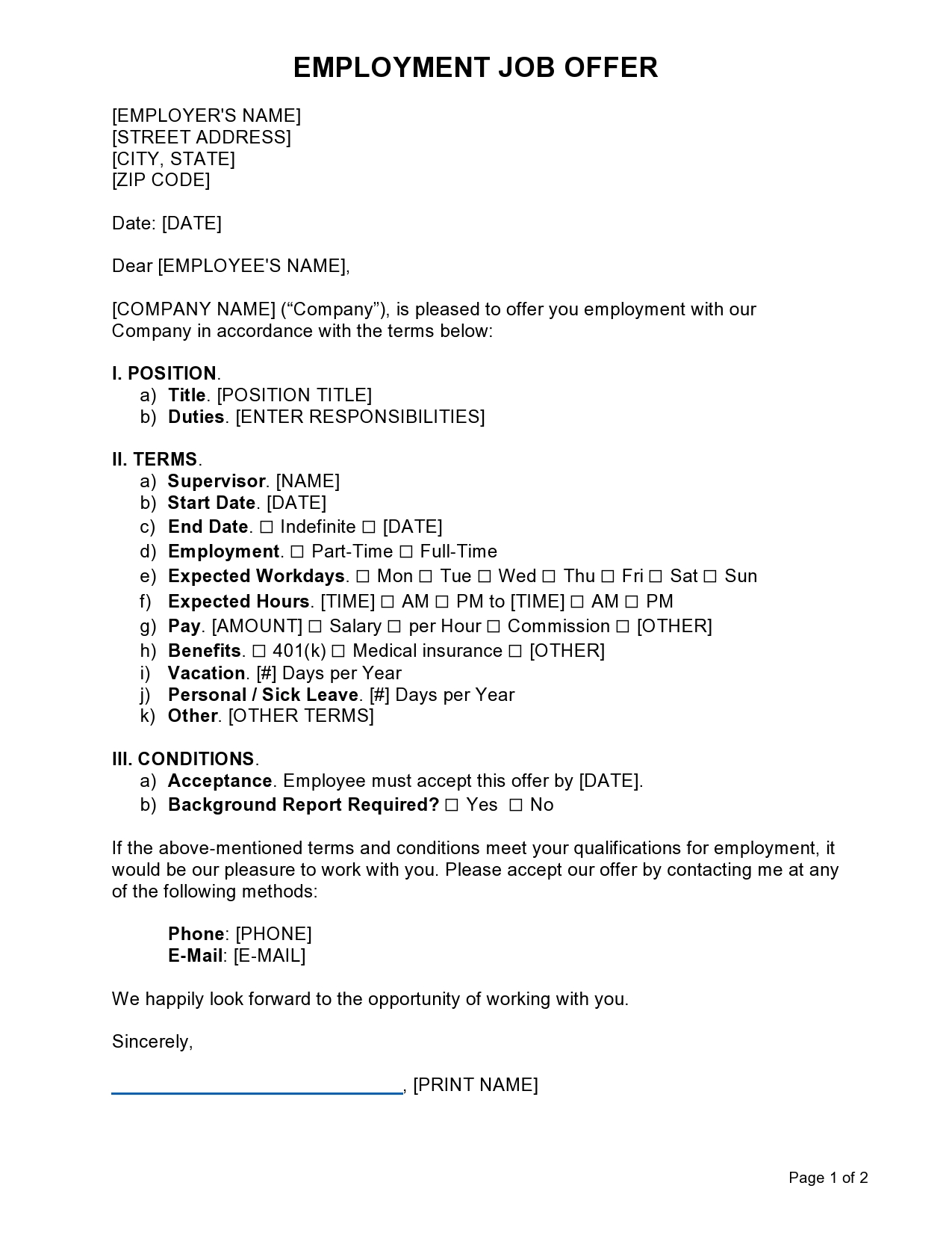Free employment offer letter template 12