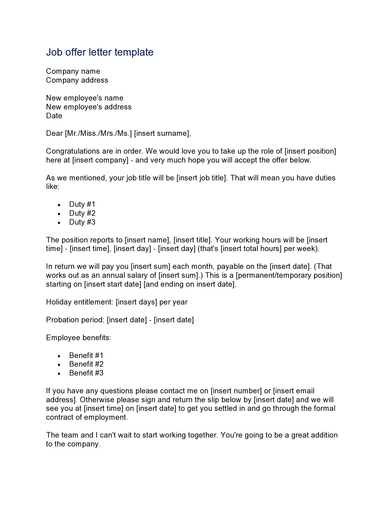 Free employment offer letter template 13