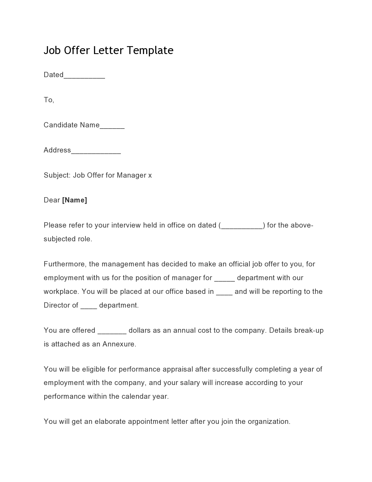 Free employment offer letter template 18
