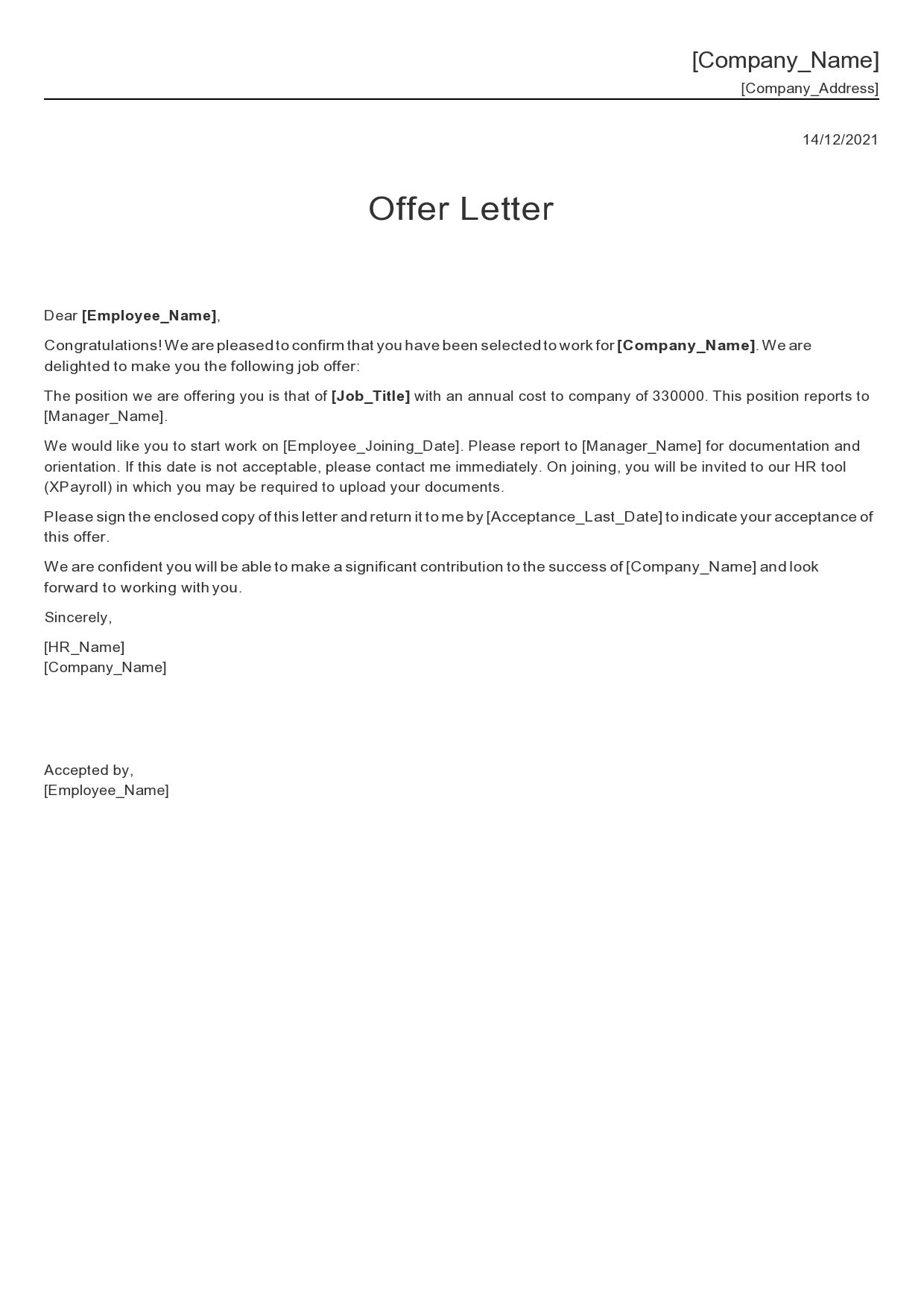 Free employment offer letter template 19