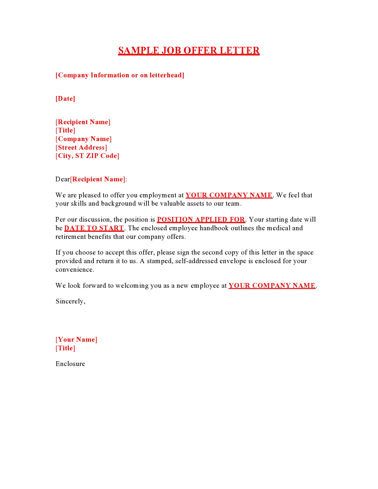Free employment offer letter template 41