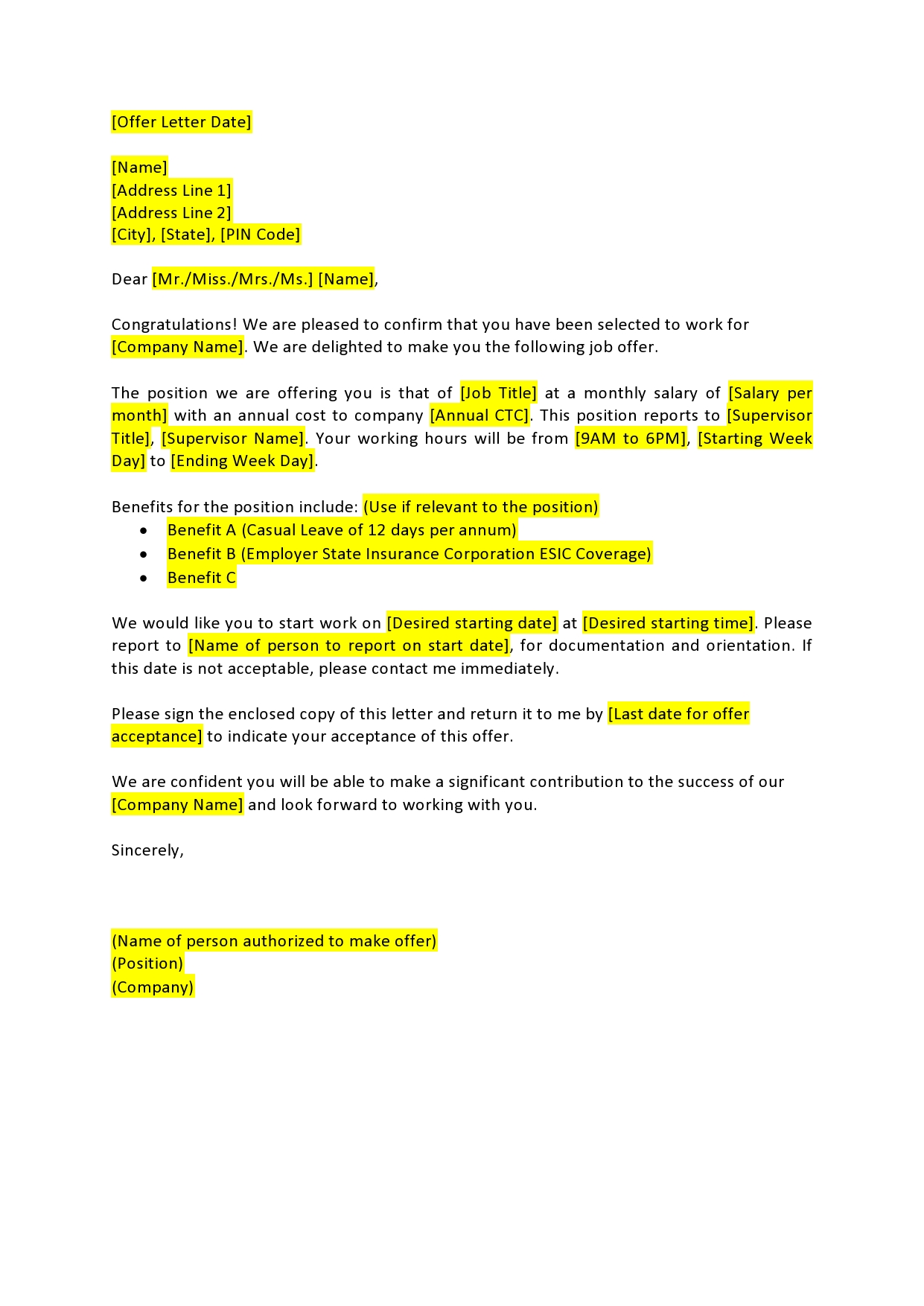 Free employment offer letter template 42
