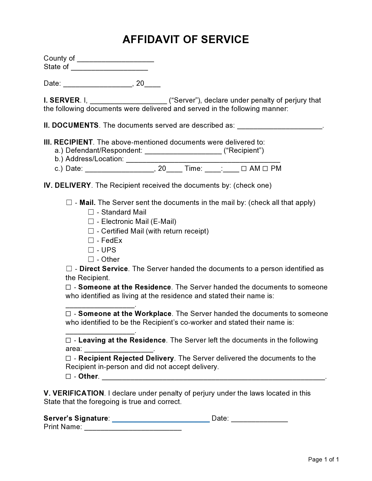 Free proof of service form 01