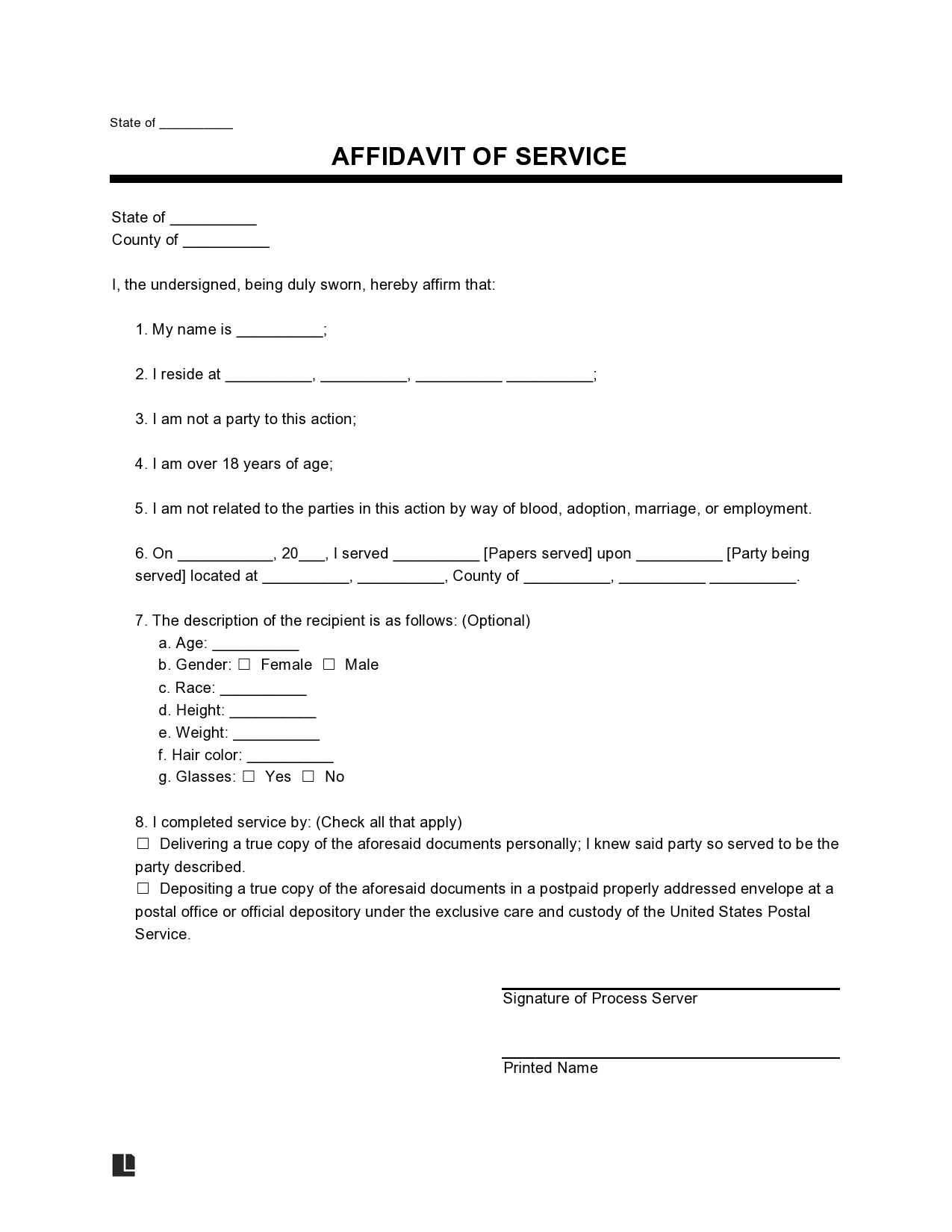 Free proof of service form 24