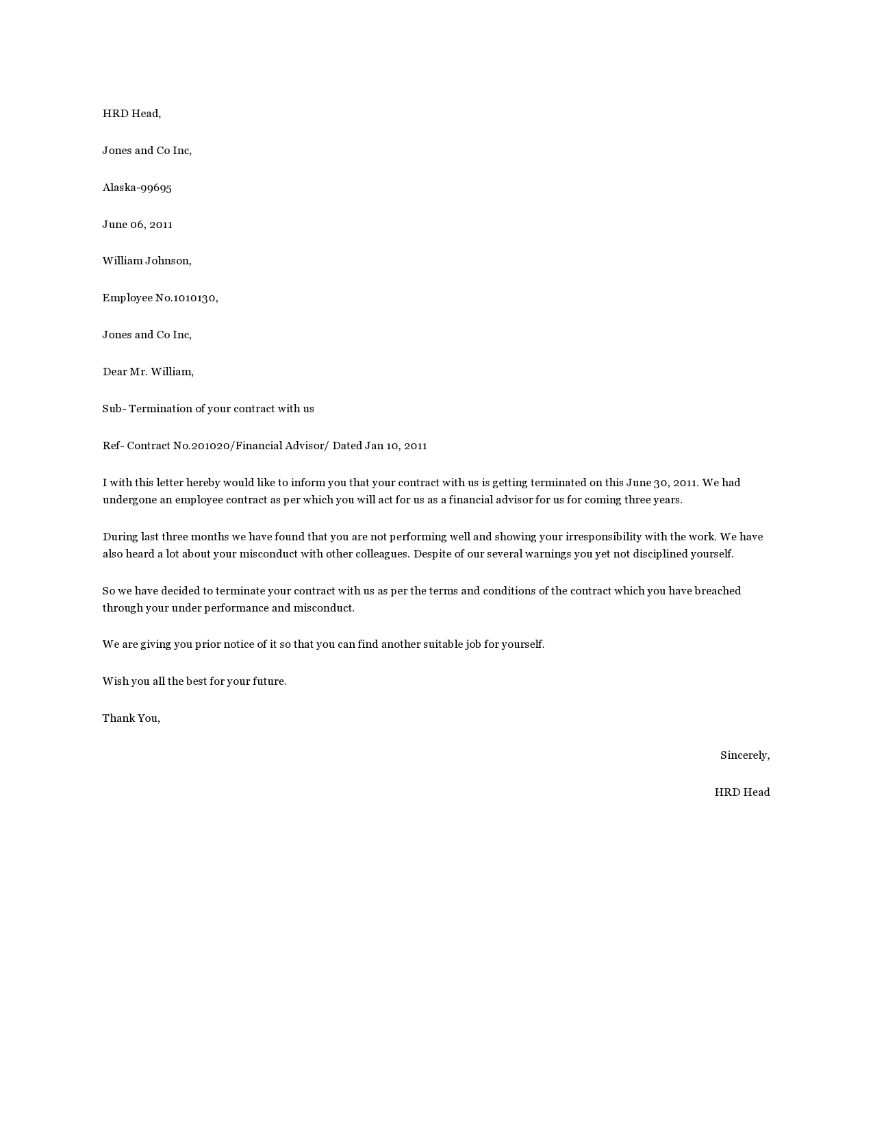 Free contract termination letter 50