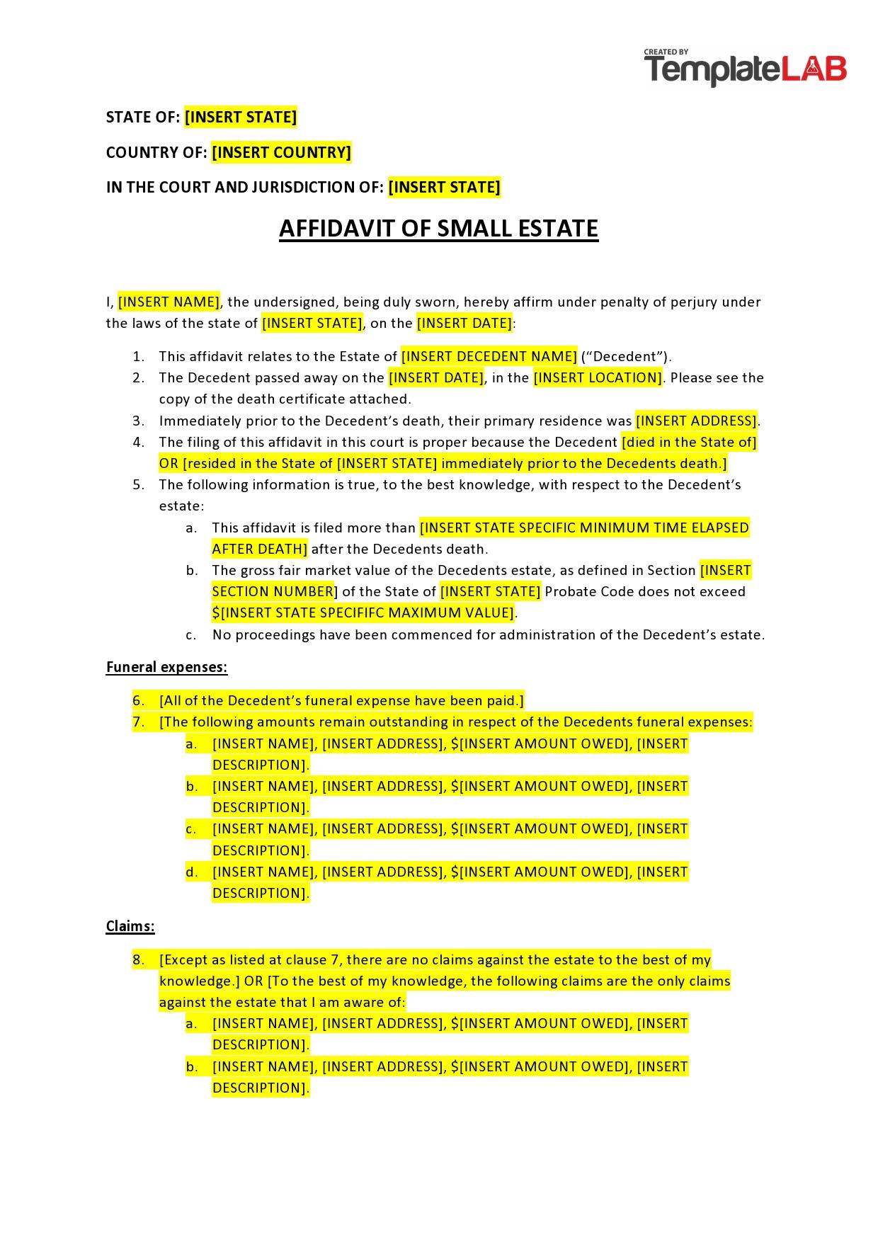 Free Affidavit of Small Estate